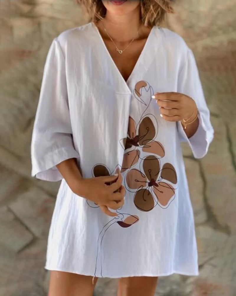 V-Neck Baggy Midi Dress Tshirt Top Long -Sleeve A Line Swing Dress - White