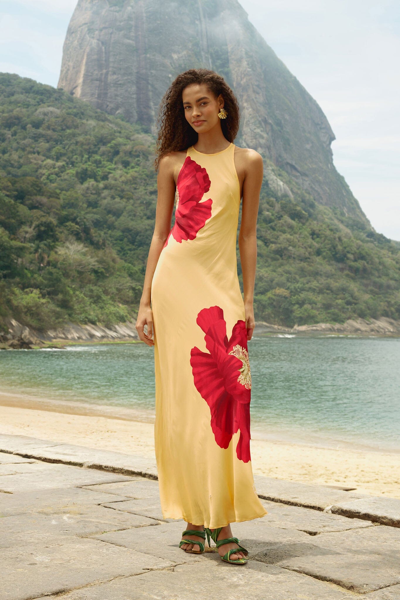 Light Yellow Poppy Flowers Sleeveless Lenzing Ecovero Viscose Maxi Dress, POPPY FLOWERS LIGHT YELLOW