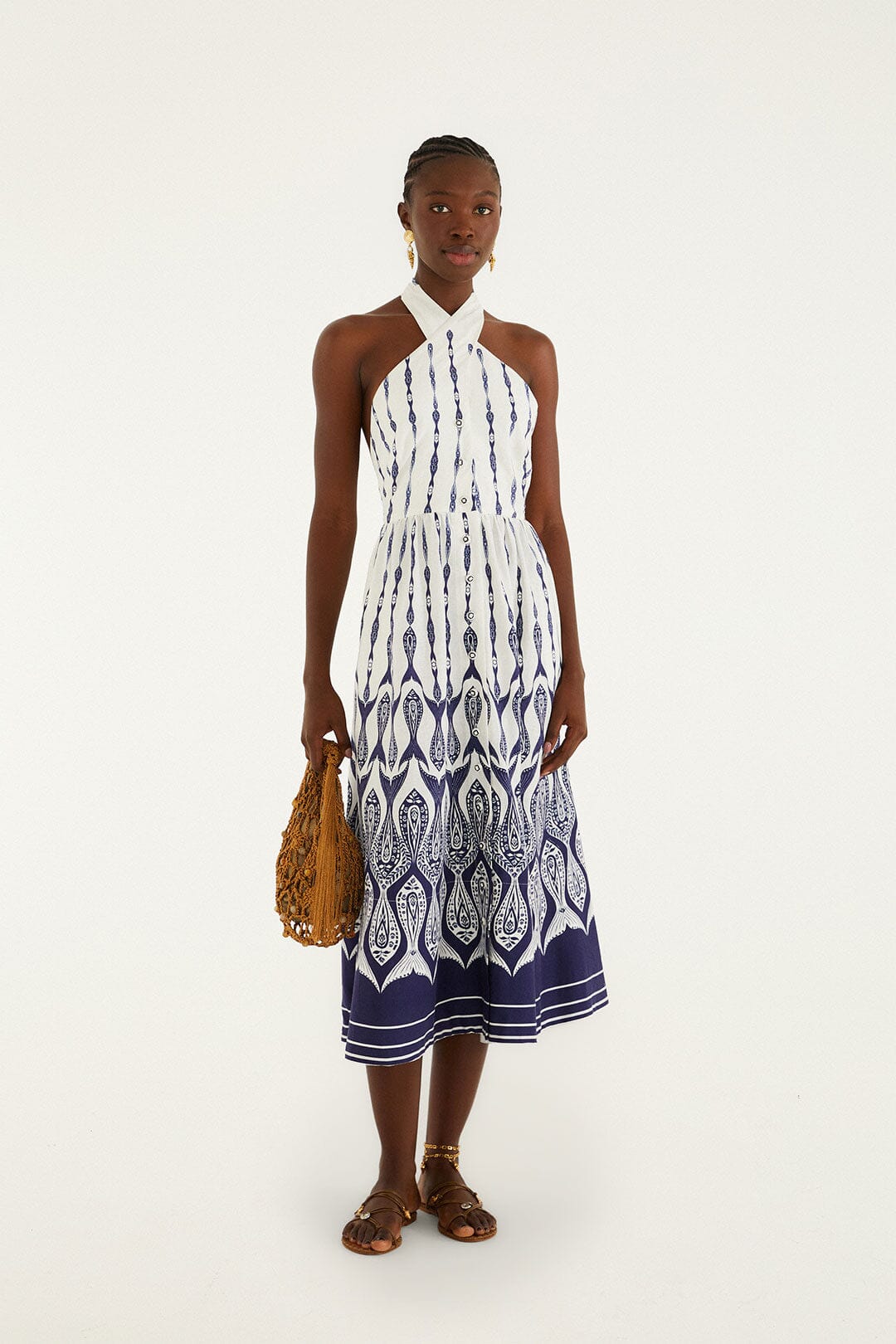 Off-White Fishes Flow Halter Neck Lenzing Ecovero Euroflax Midi Dress, FISHES FLOW OFF