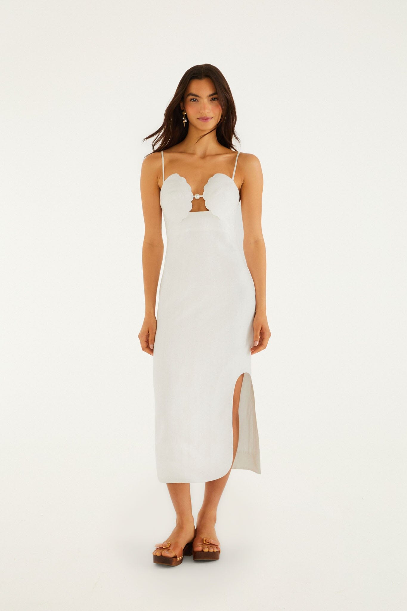 Off-White Shell Bodice Pearl Midi Dress, OFF