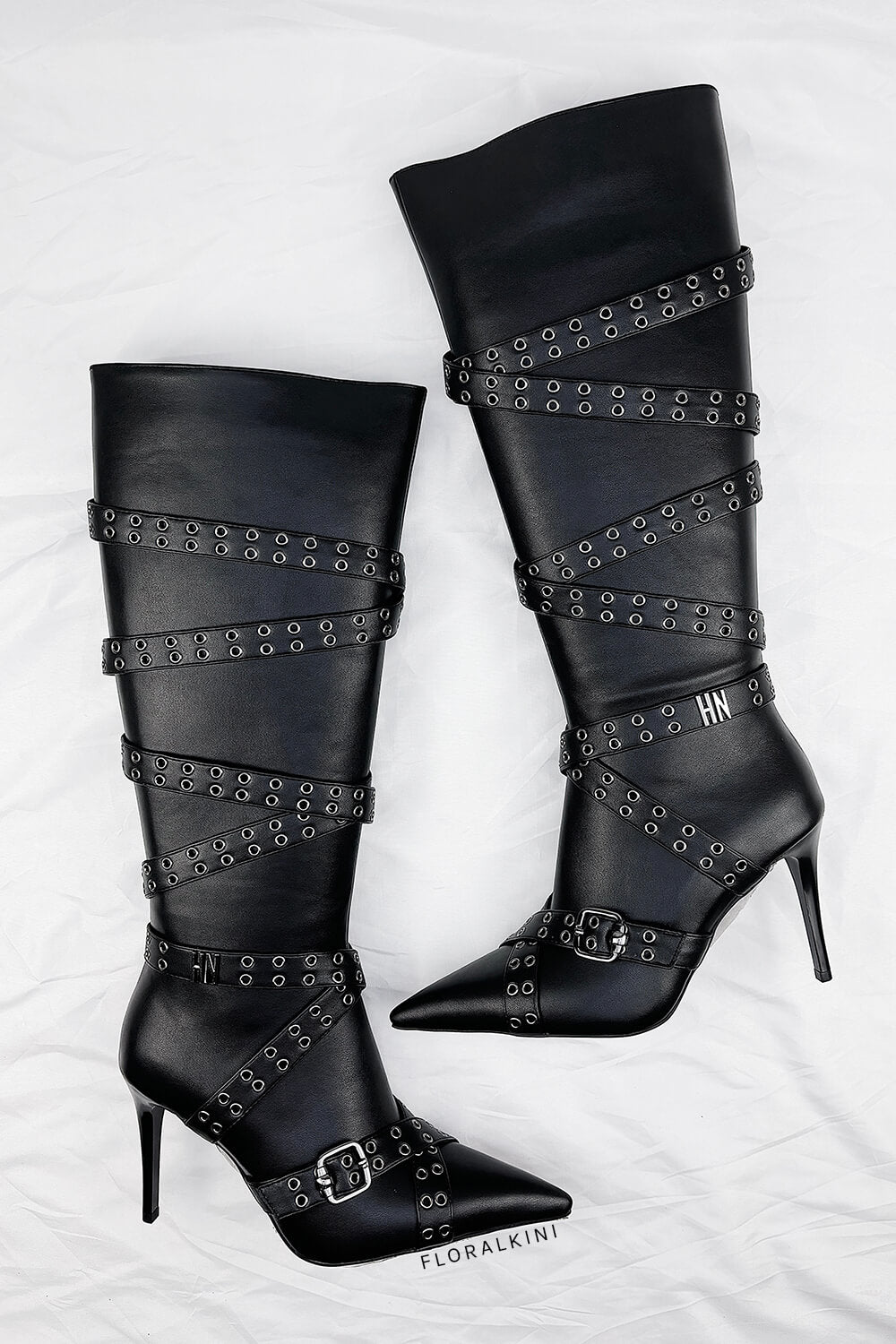 Strap Belt Pointed Toe Knee High Stiletto Boots With Buckle Details - Black -