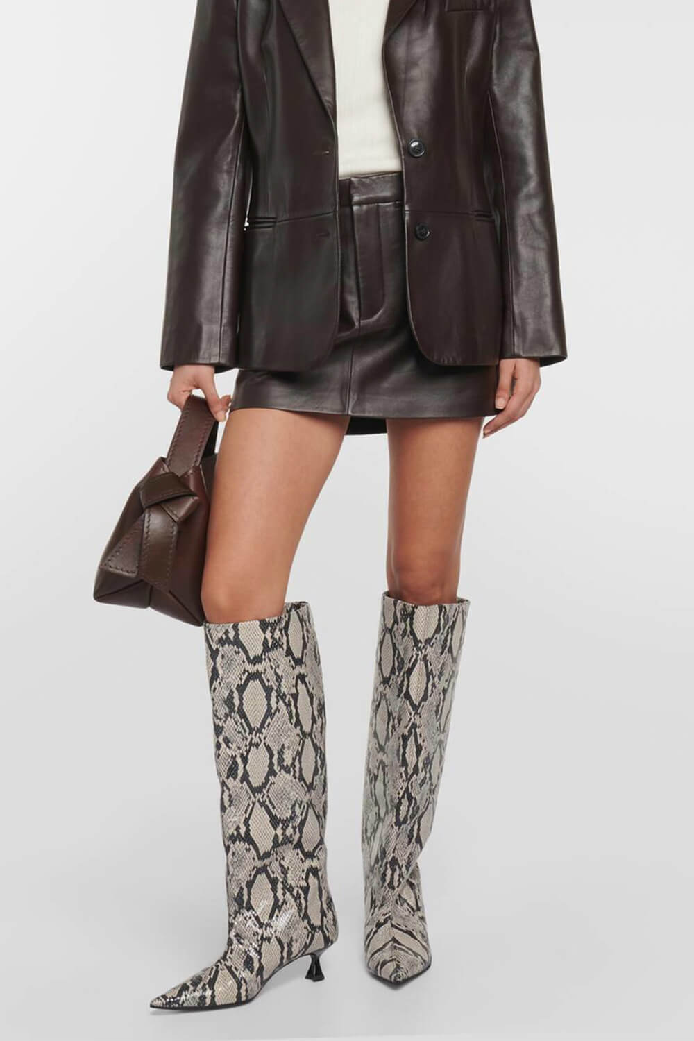 Python Faux Leather Pointed Toe Wide Calf Knee-High Boots -