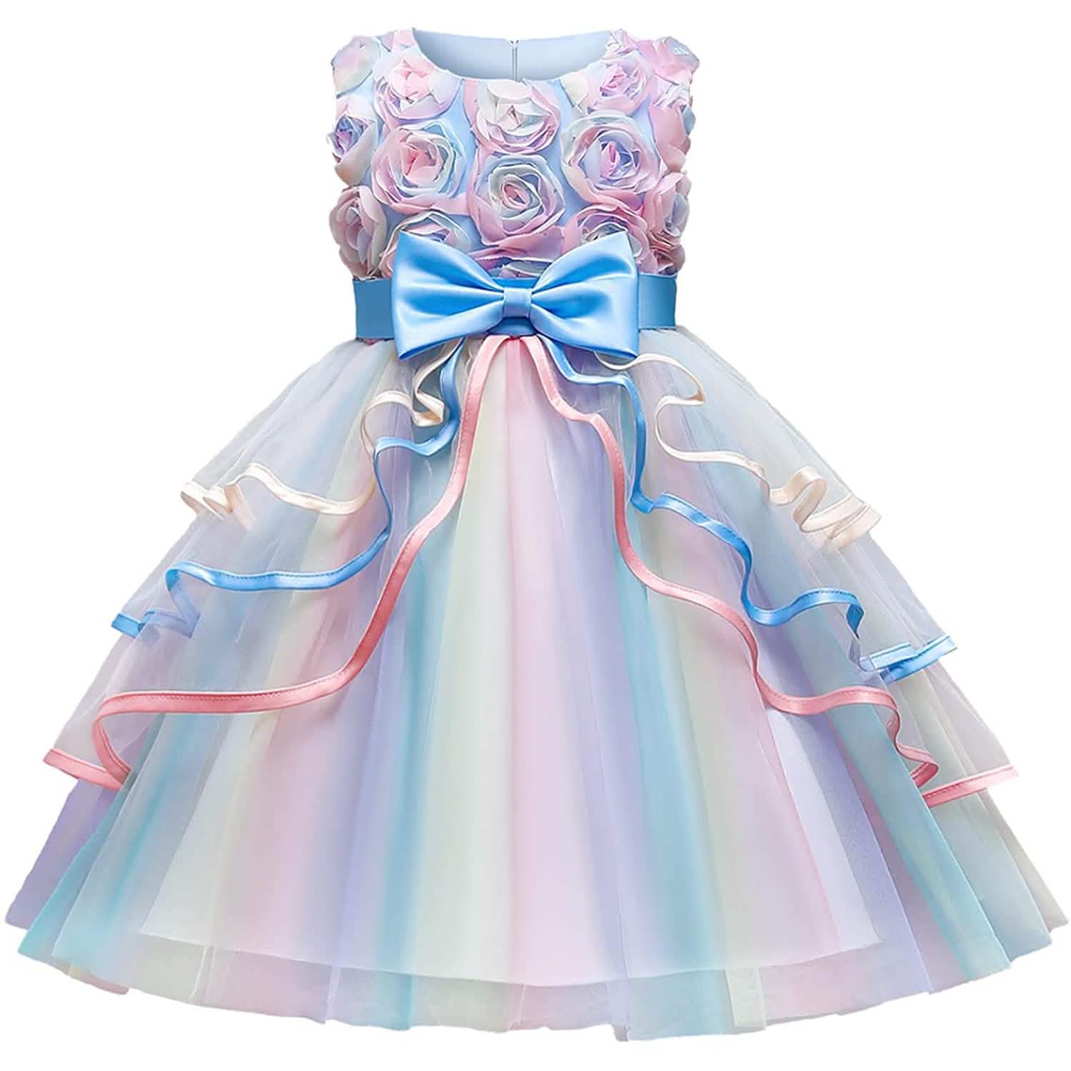 Girl's Rainbow Tulle Lace Dress - Blue -T