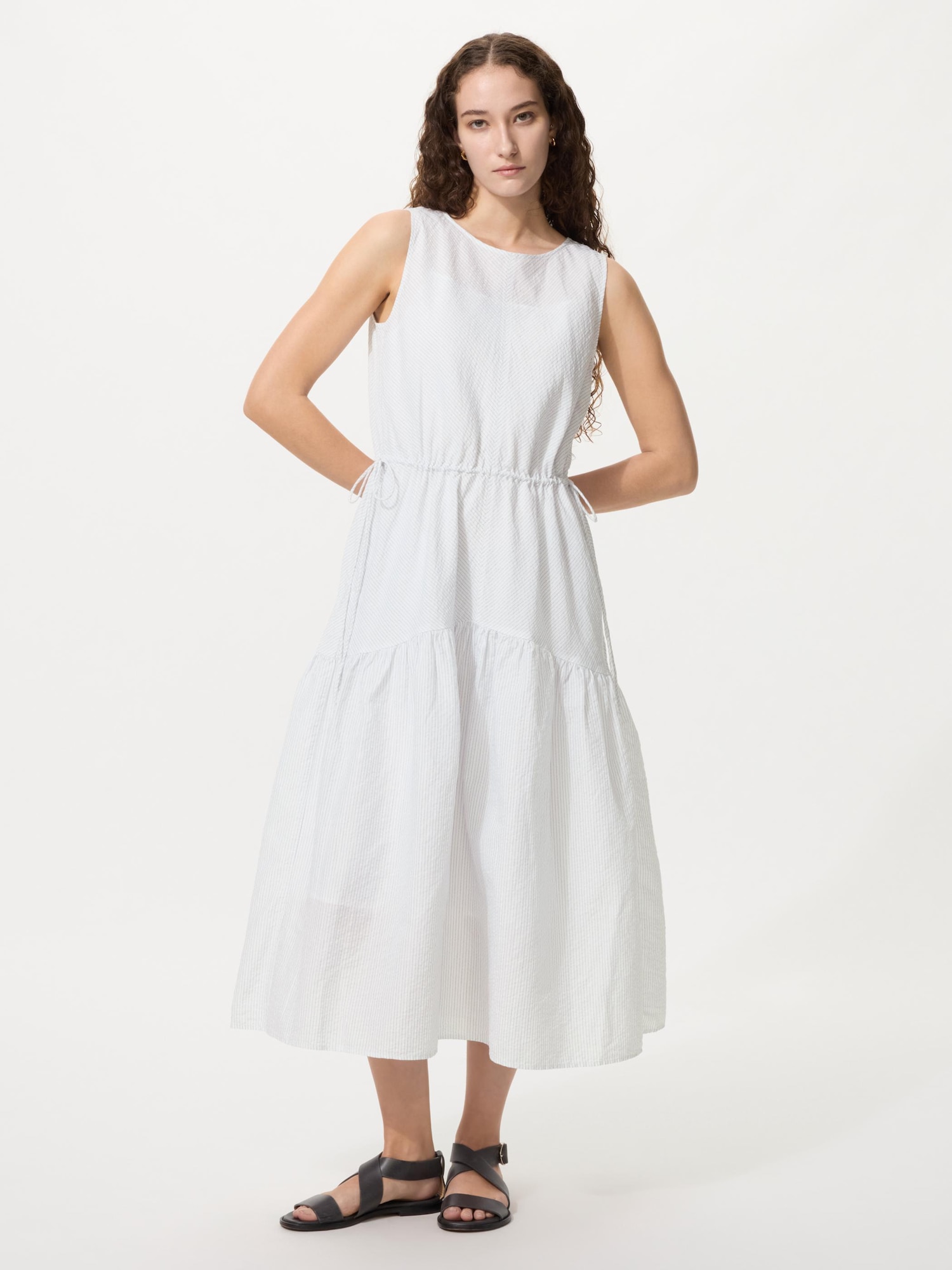 UNIQLO Women's Linen Blend Tiered Dress Stripe, Off White, Large
