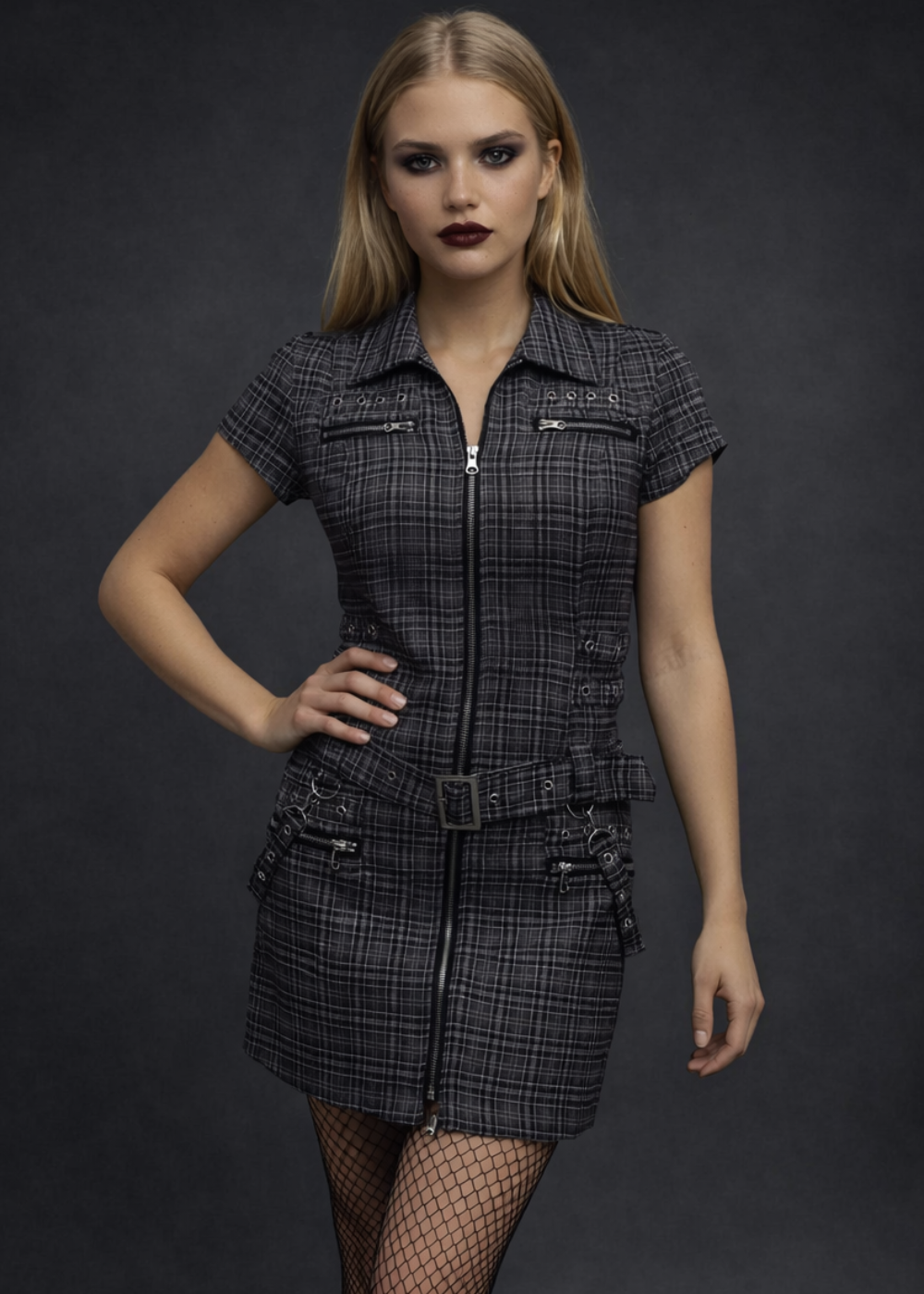 Gothic Plaid Mini Dress with Corset Back - Gray