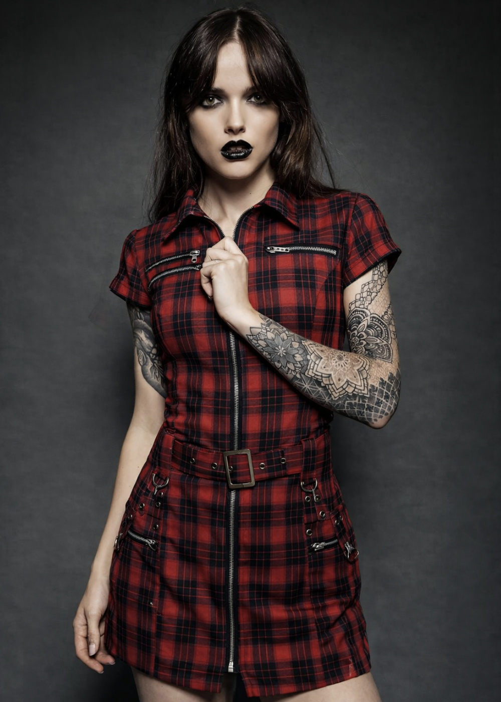 Red Plaid Tartan Punk Mini Dress with Buckles & Corset Lacing - Red
