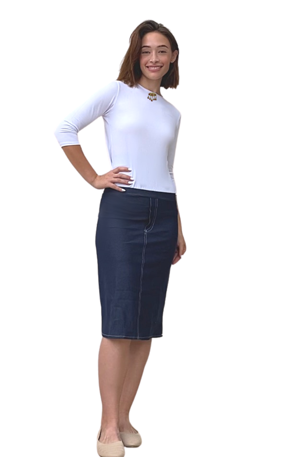 Faux Knit Denim Knee-Length Pencil Skirt with Stretch - Navy Small