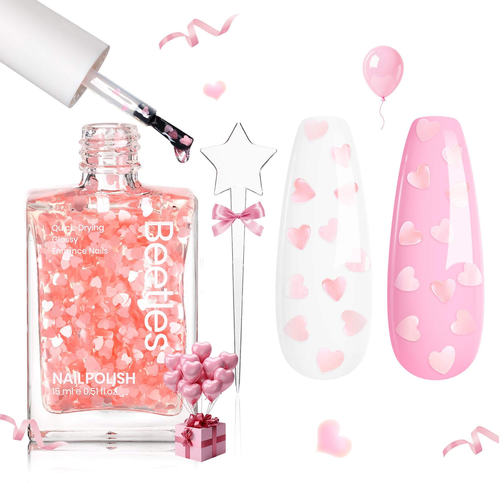 Beetles Valentines Nails Polish - ml.Fl Oz Pink Heart Sweetheart Glow Glitter Top Coat