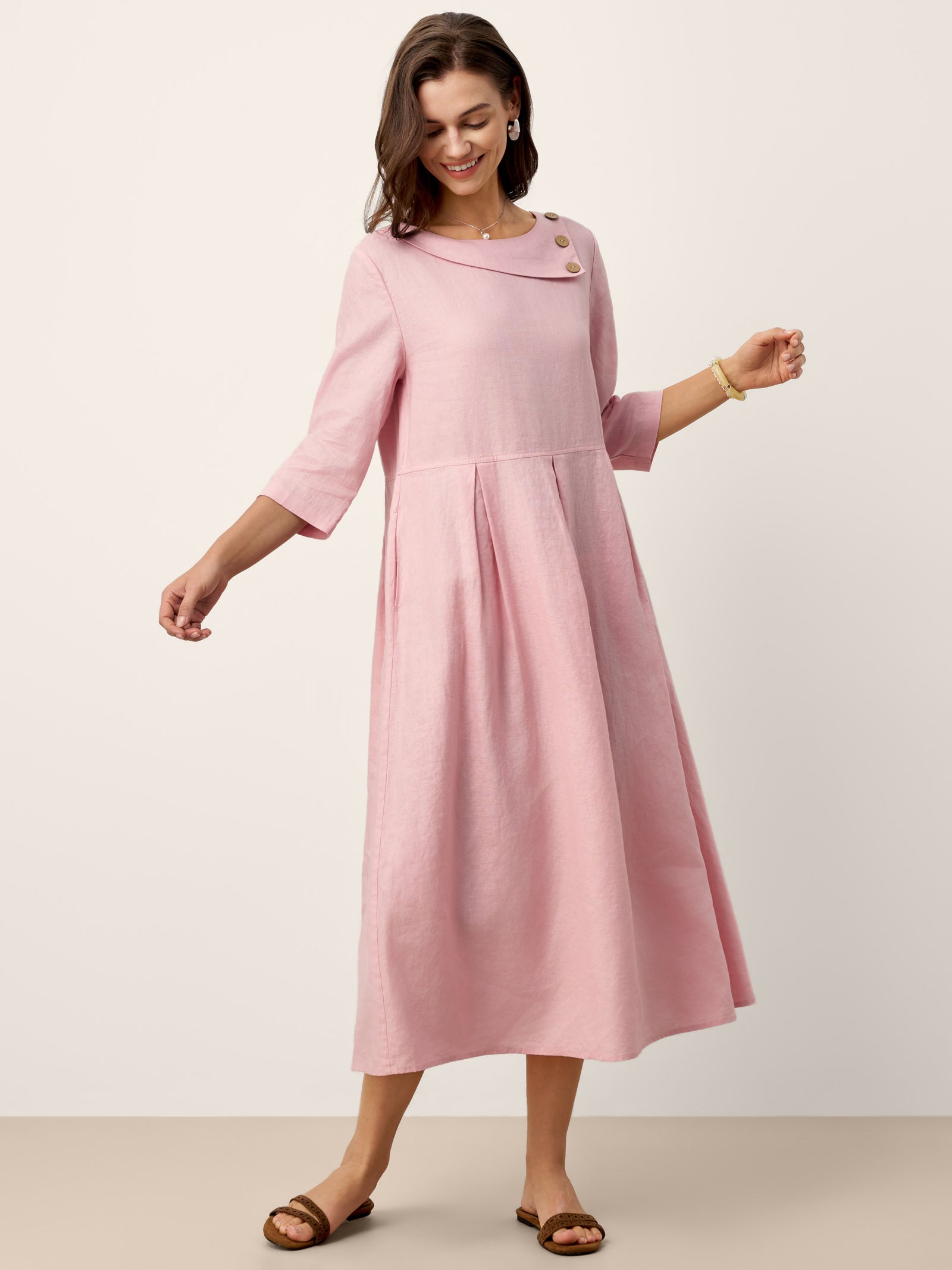 % Linen Crescent Neck Decorative Button Waist Pleated Maxi Dress GWENYTH