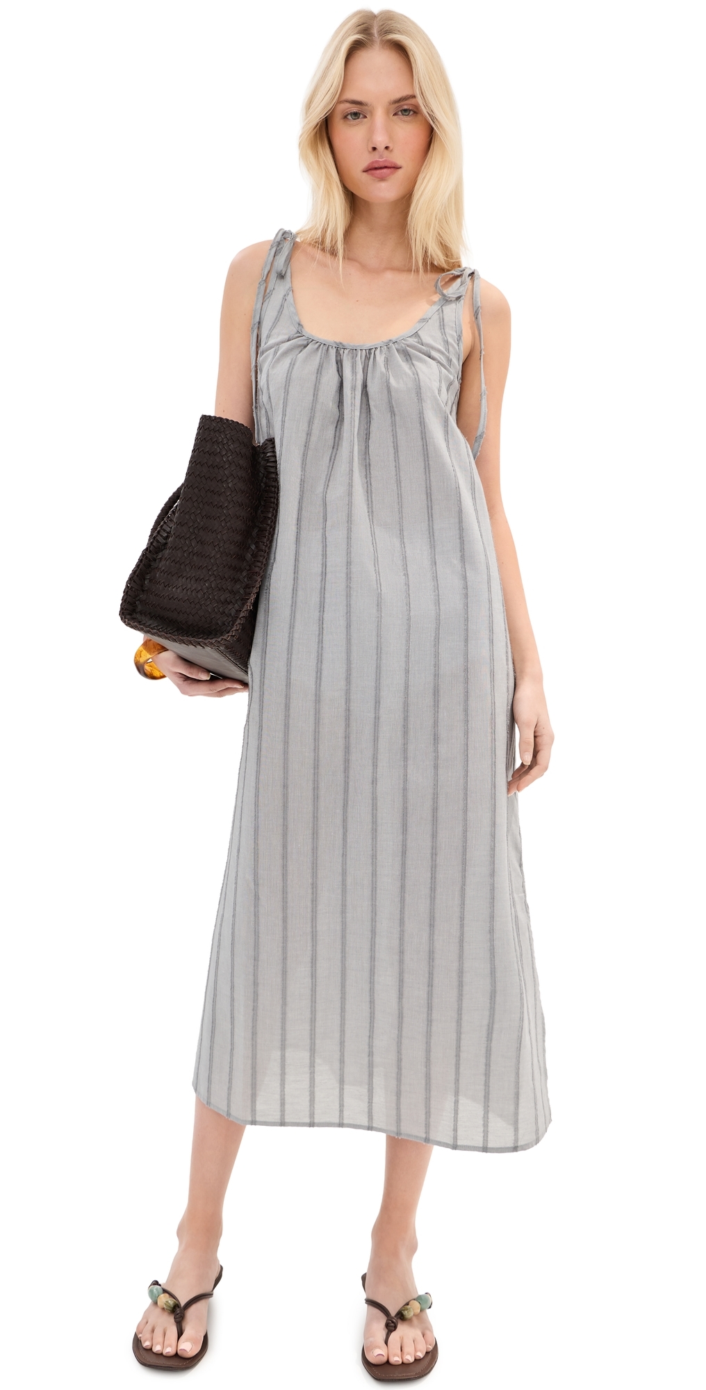 LE BOP Skylar Poplin Maxi Dress Grey Shadow Stripe