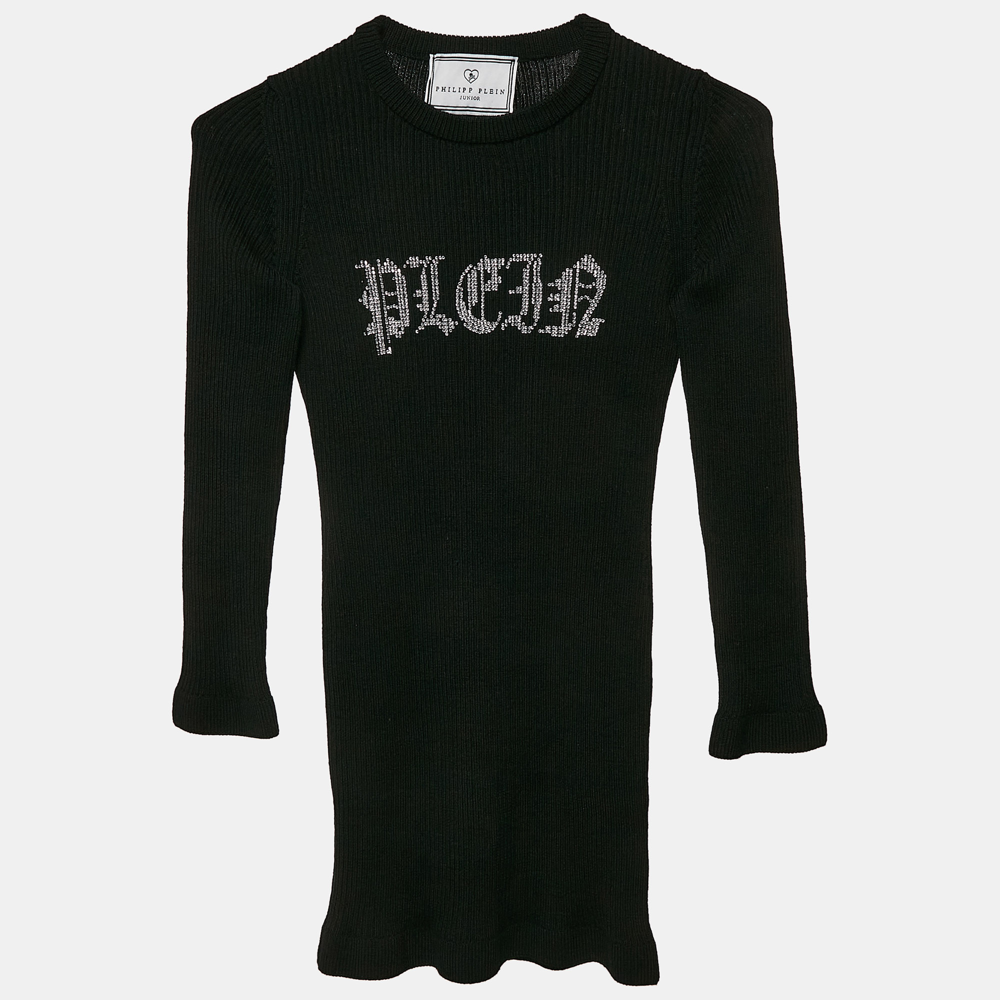 Philipp Plein Junior Black Crystal Embellished Rib Knit Wool Bodycon Dress Yrs
