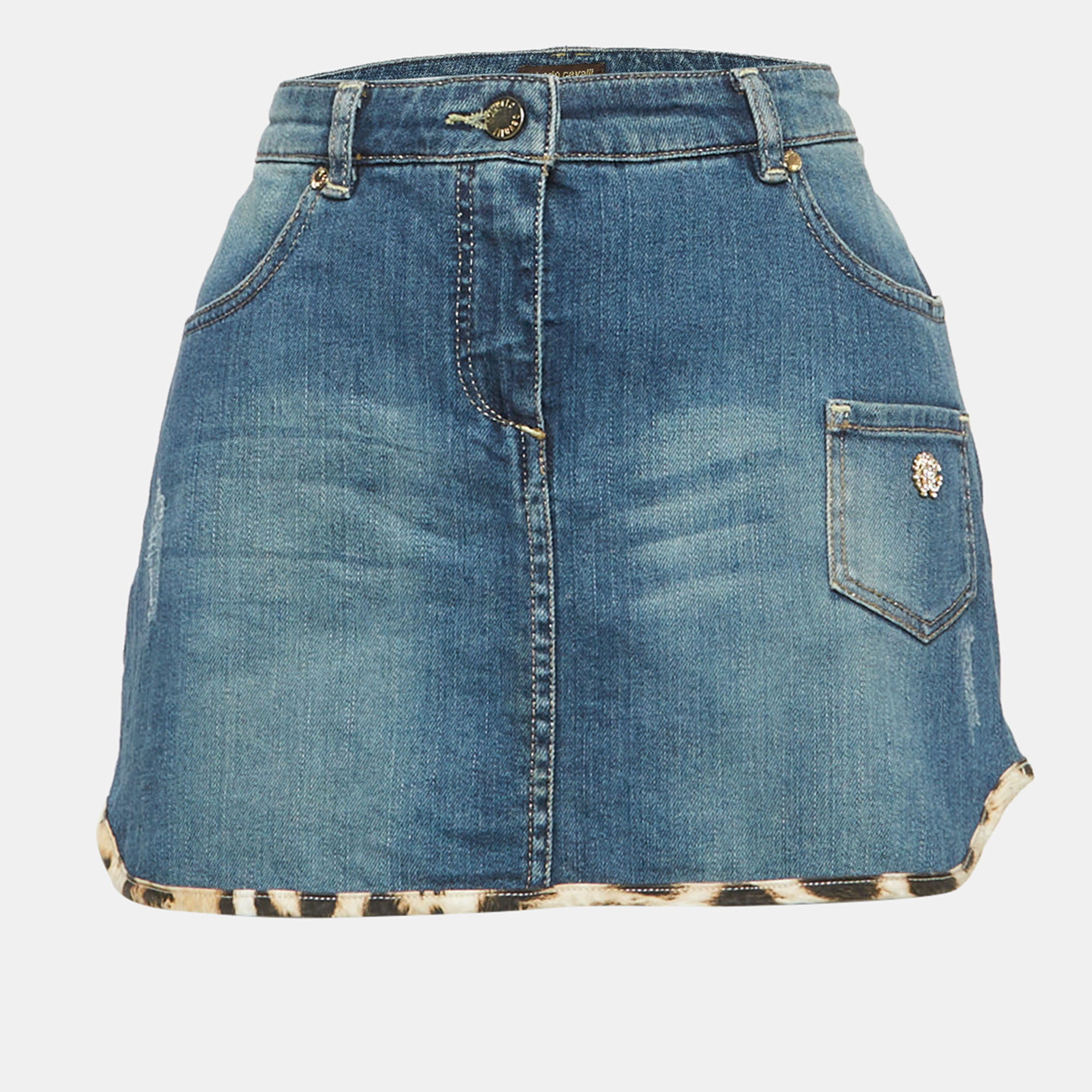 Roberto Cavalli Blue Denim Leopard Trim Mini Skirt - Yrs