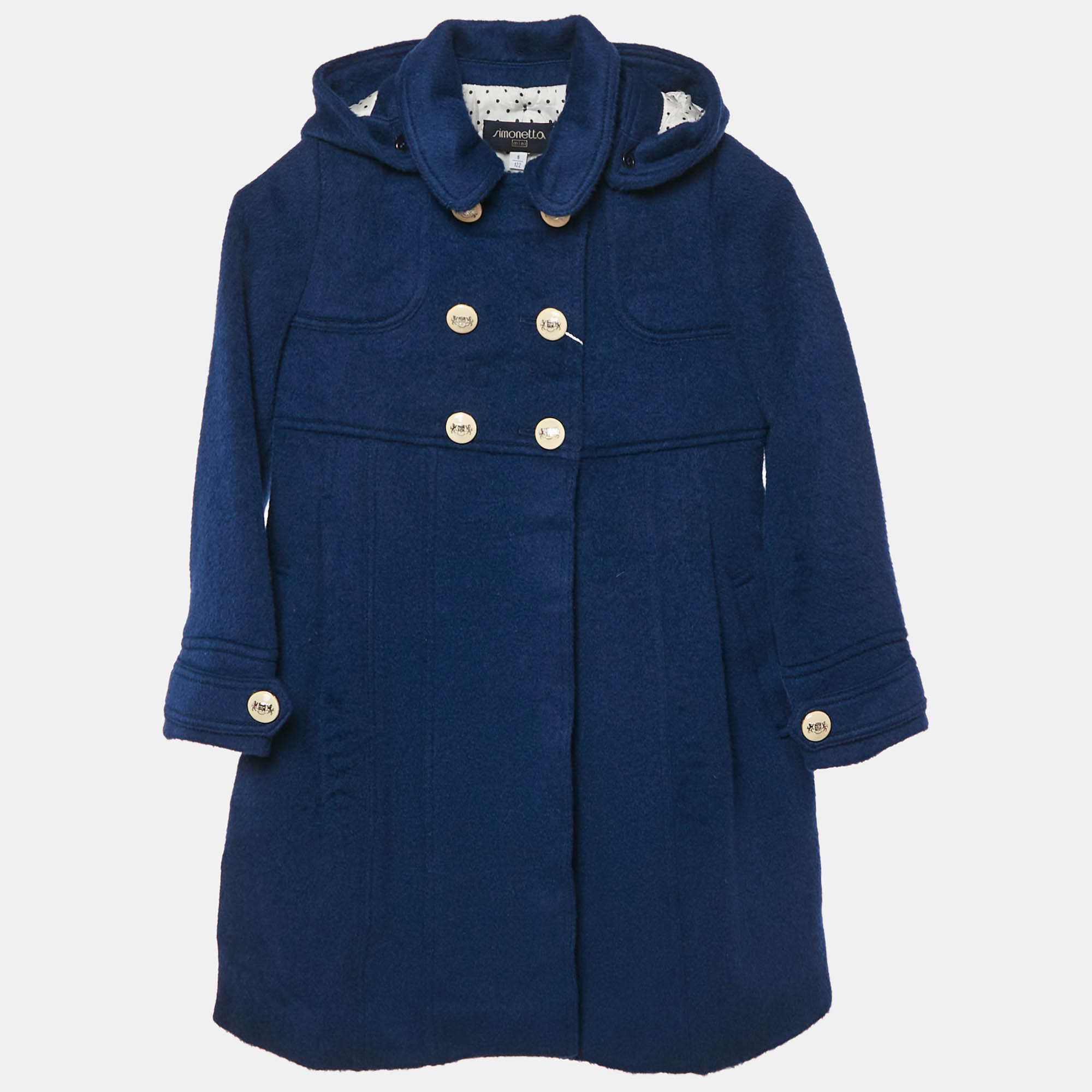 Simonetta Kids Navy Blue Wool Detachable Hood Double Breasted Coat Yrs