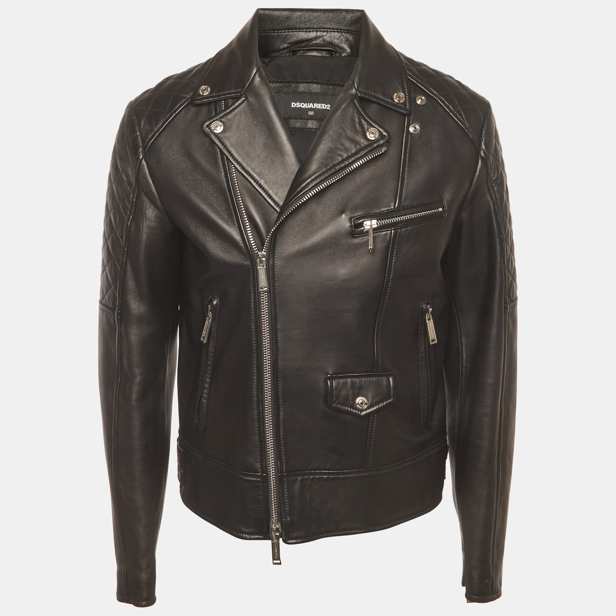 Dsquared Black Quilted Detail Leather Biker Jacket