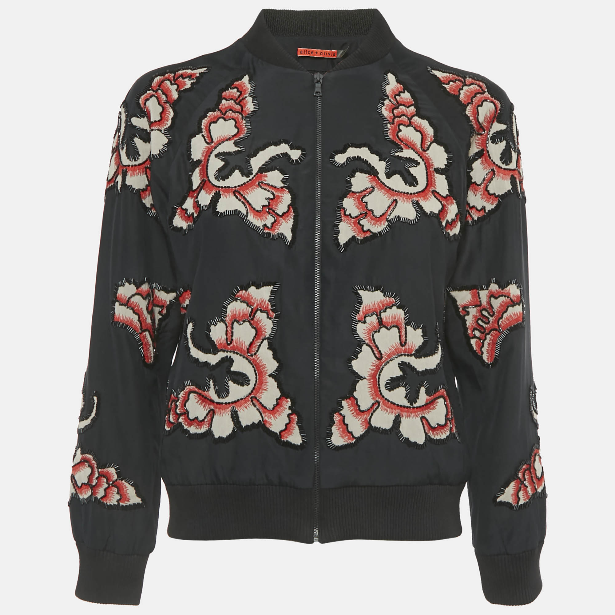 Alice + Olivia Black Embellished Silk Zip-Up Bomber Jacket