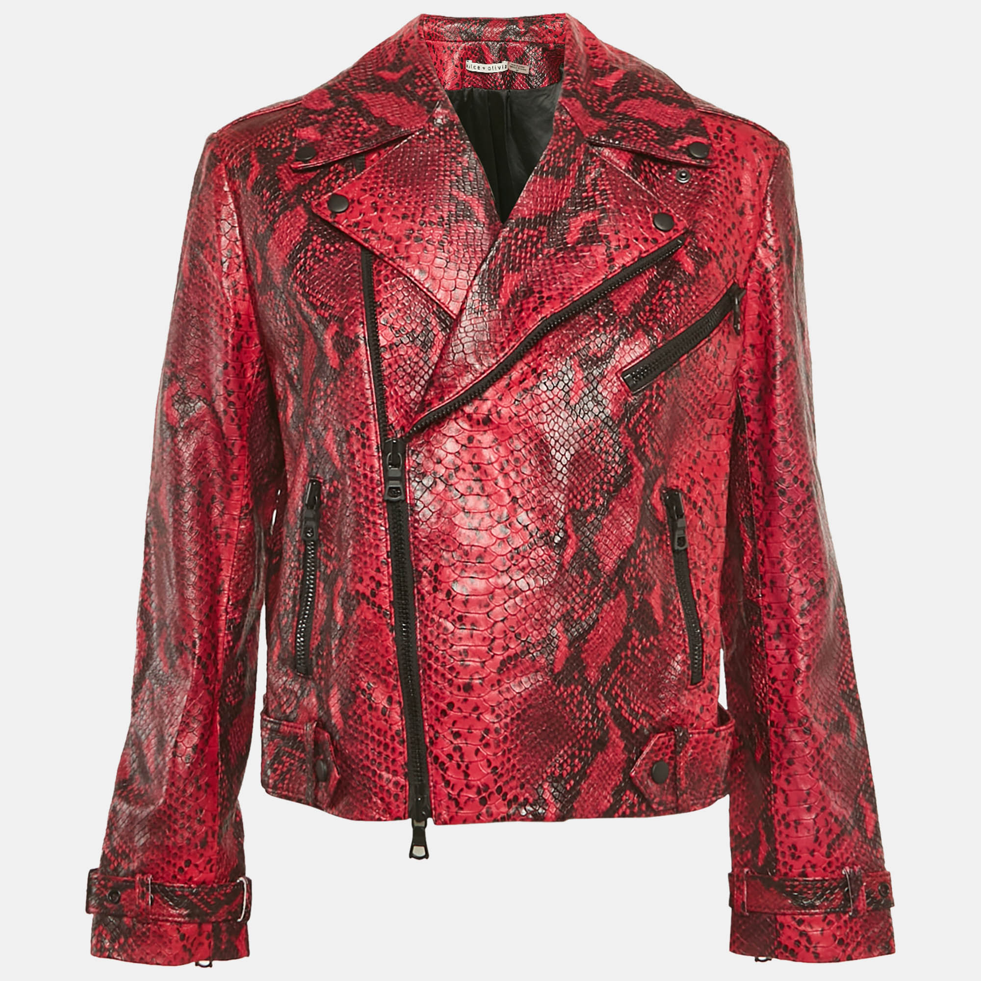 Alice + Olivia PinkBlack Snake-Effect Leather Biker Jacket