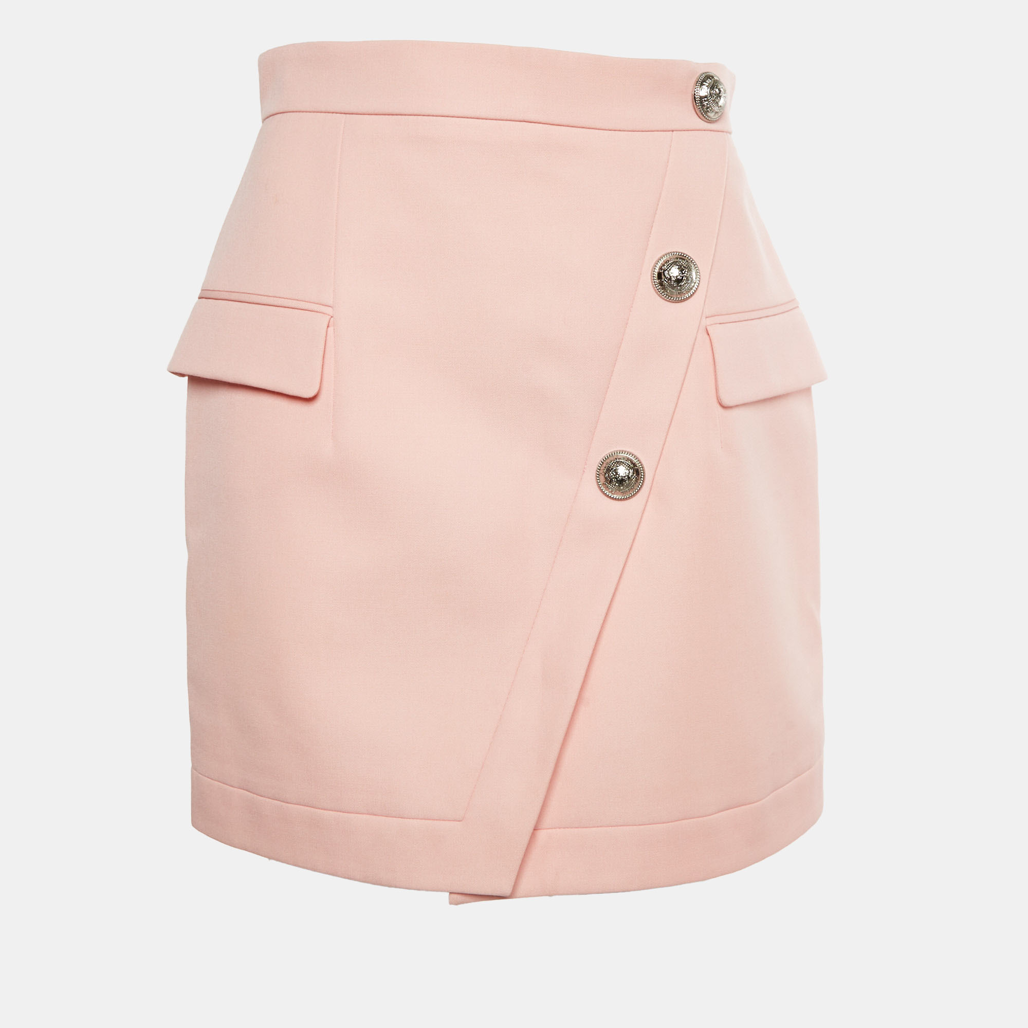 Balmain Light Pink Gabardine Asymmetric Mini Skirt