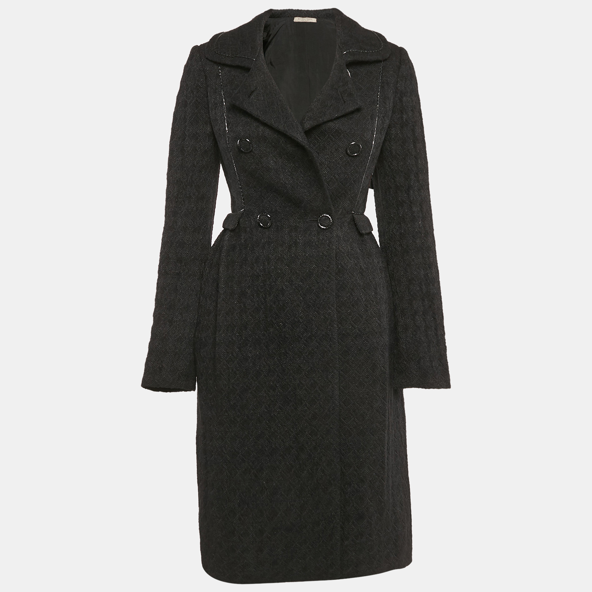 Bottega Veneta Black Jacquard Wool Blend Double Breasted Coat