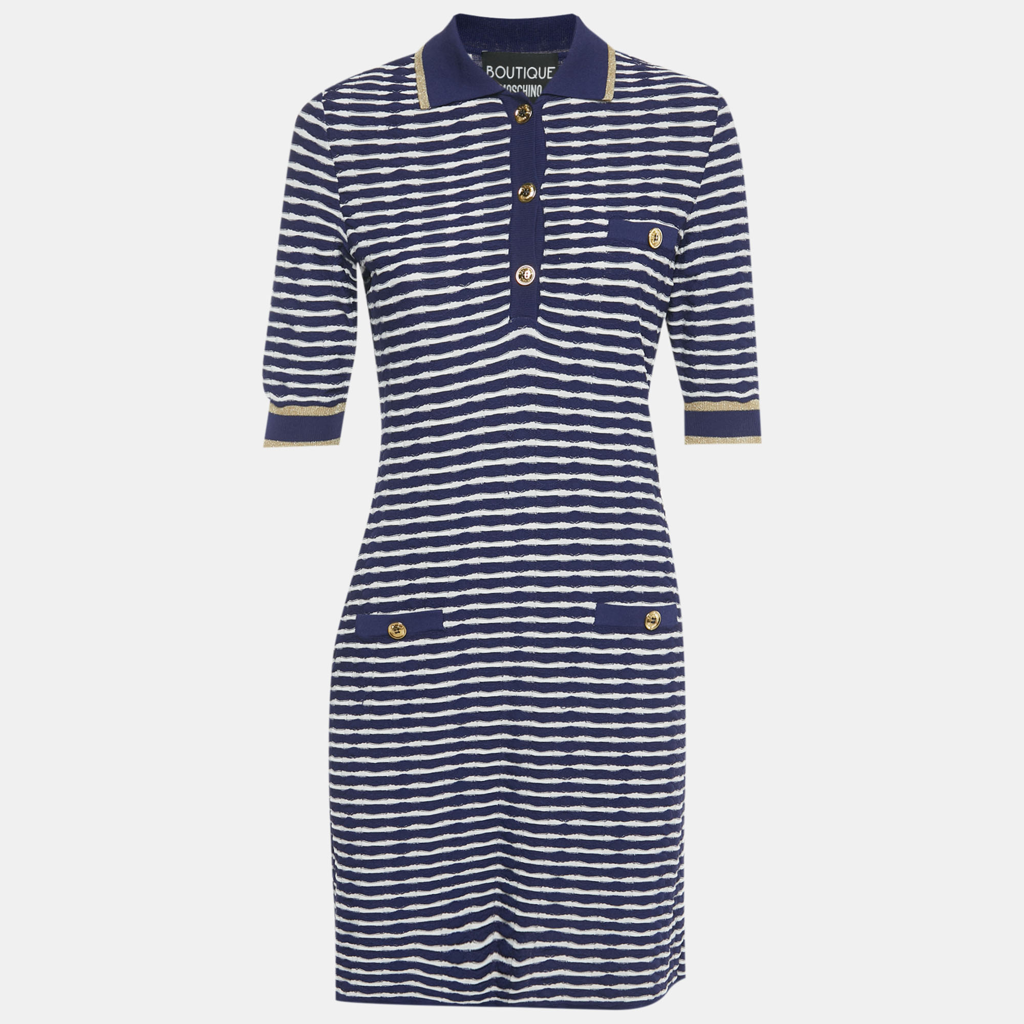Boutique Moschino Navy Blue White Striped Knit Mini Dress