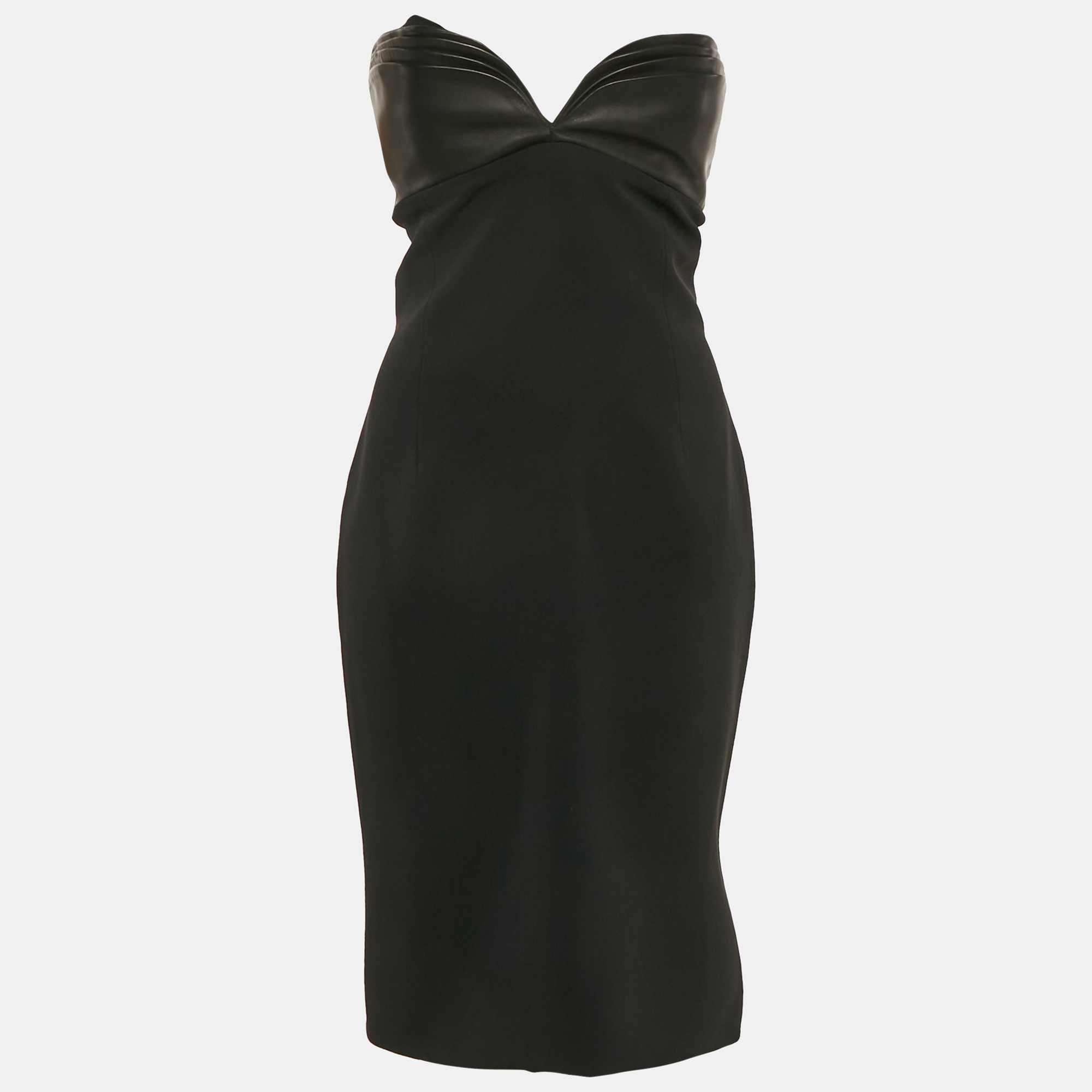Brandon Maxwell Black Crepe Leather Trimmed Strapless Knee-Length Dress