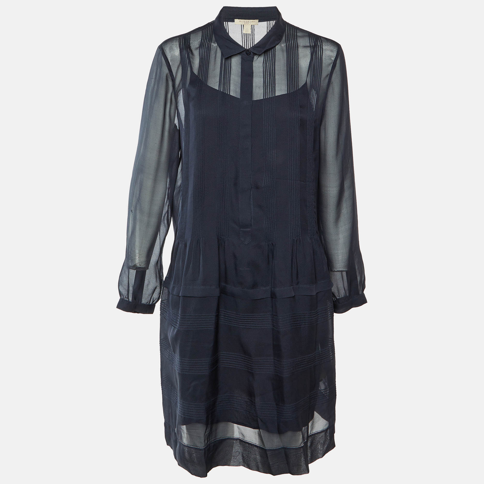 Burberry Brit Midnight Blue Silk Pintucked Knee Length Dress