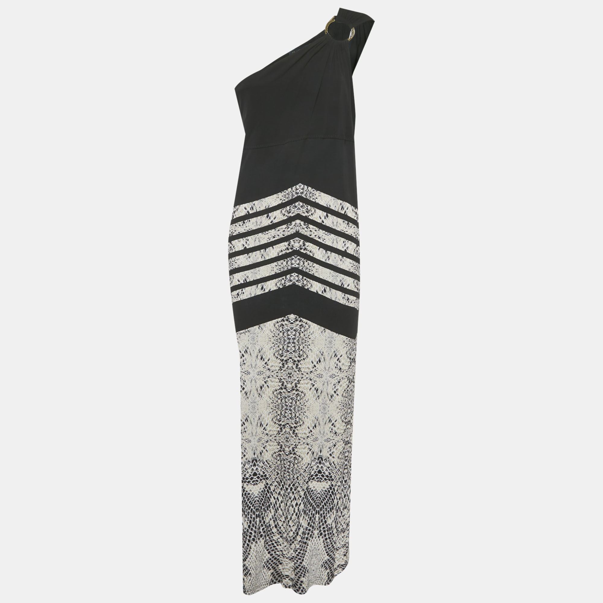Class by Roberto Cavalli Black Snake Print Jersey One Shoulder Maxi Dress
