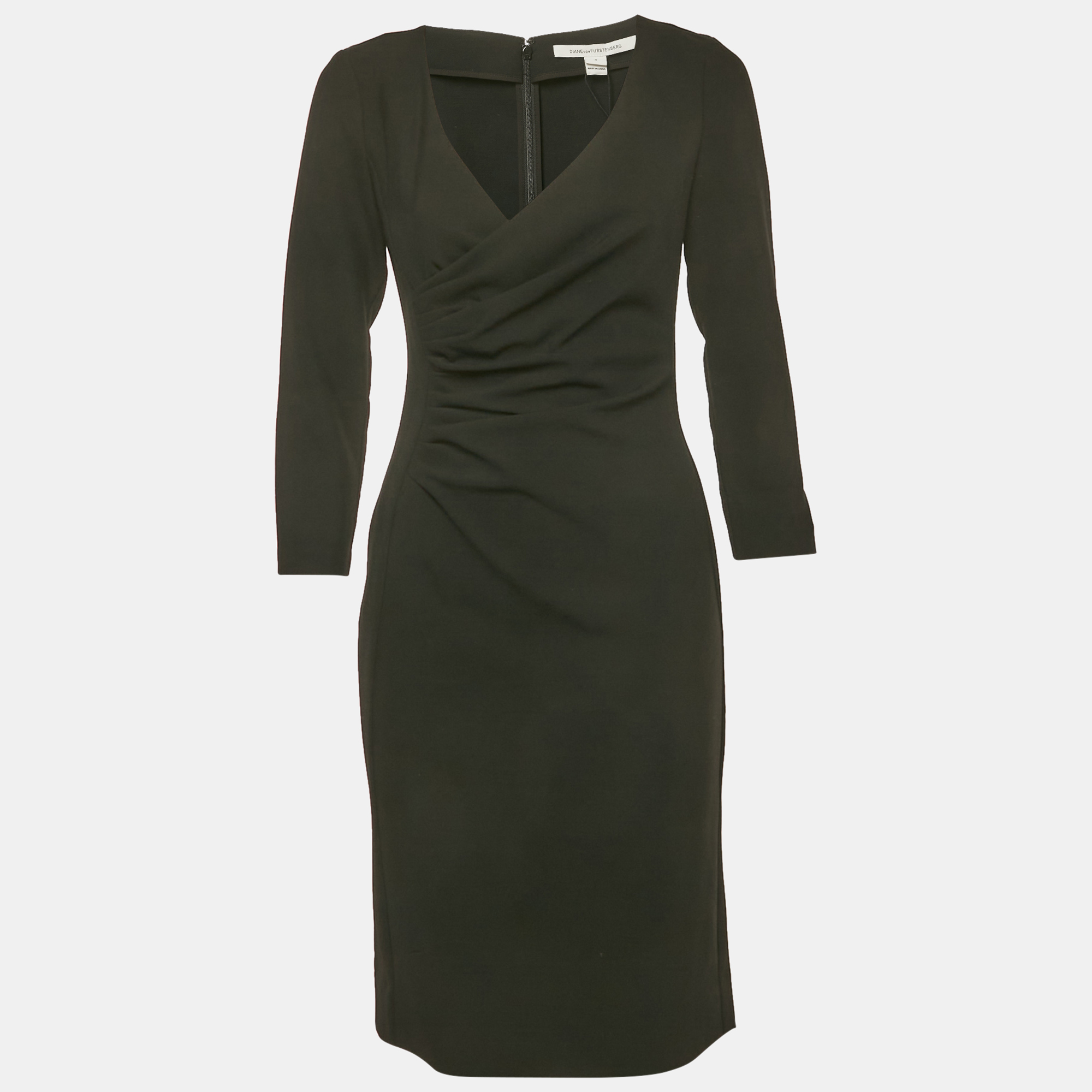 Diane Von Furstenberg Black Stretch Crepe Draped Elliana Dress