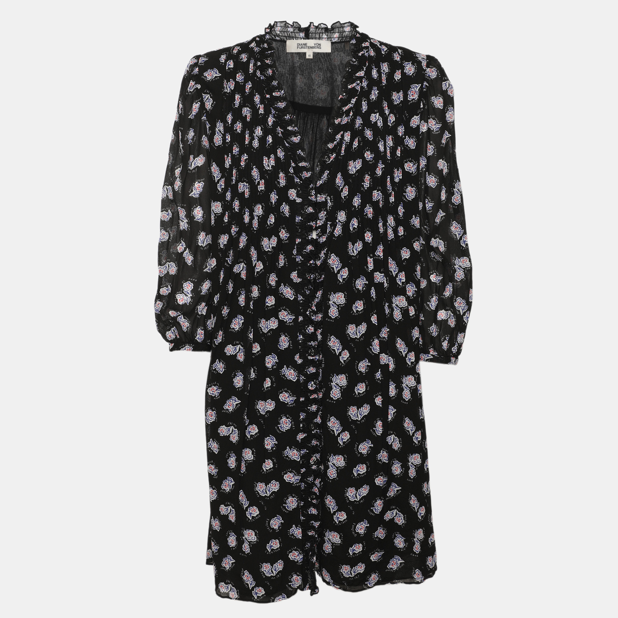 Diane Von Furstenberg Black Multicolor Floral Print Long Sleeve Shirt Dress