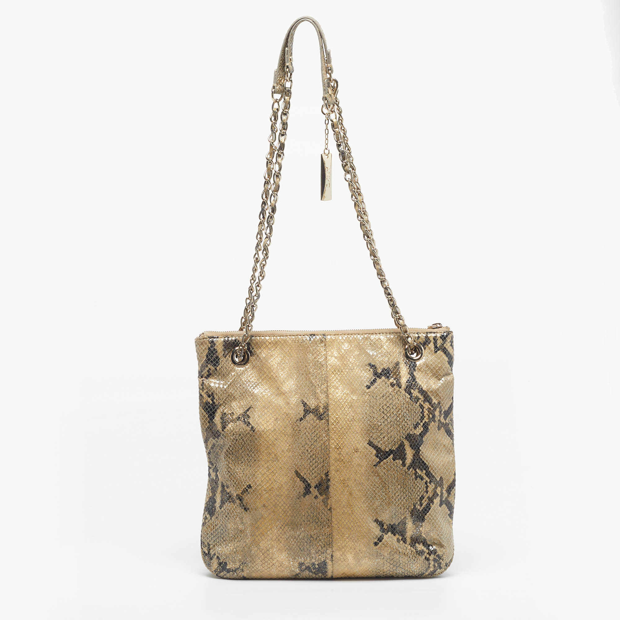 DKNY Beige Python Embossed Suede Chain Shoulder Bag