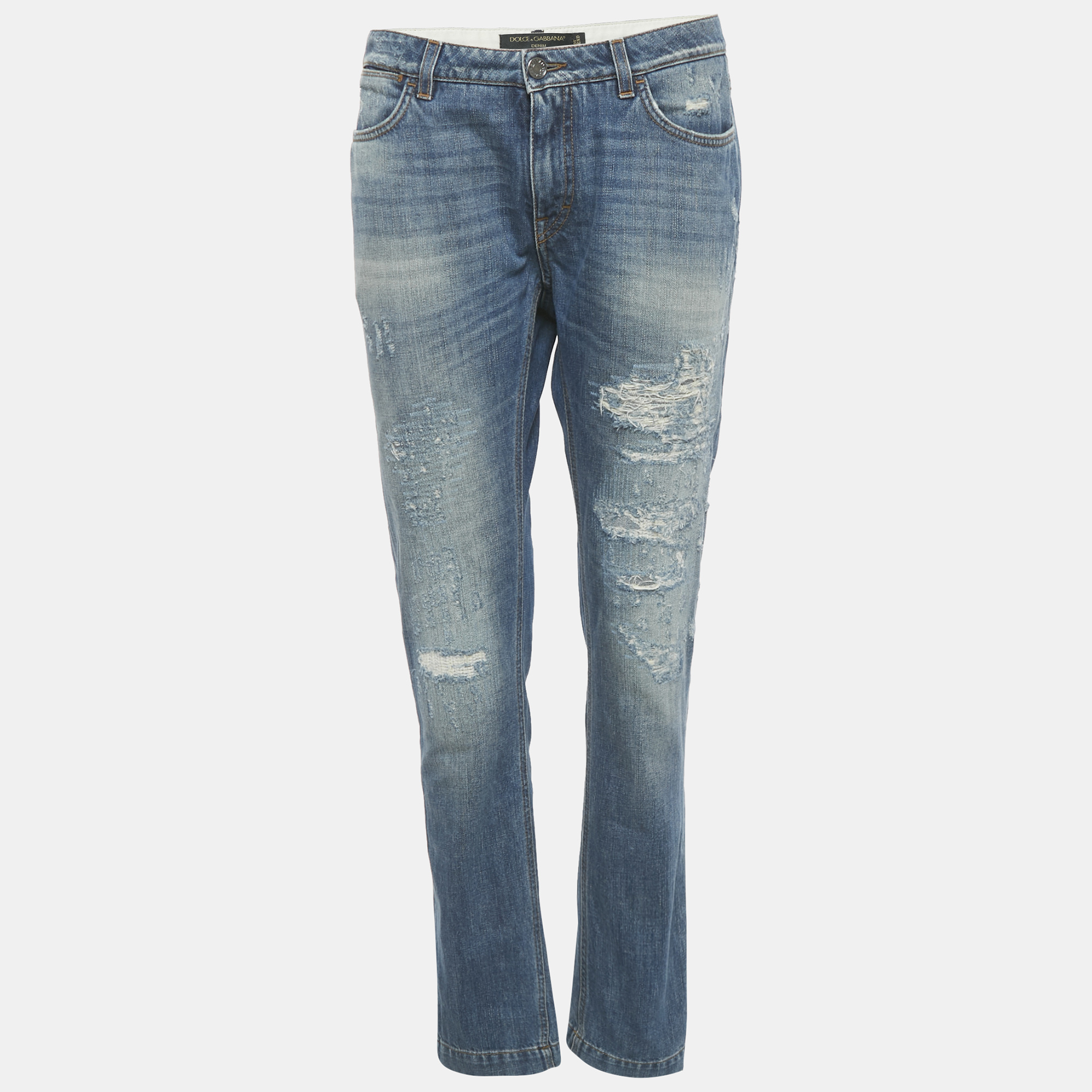 Dolce & Gabbana Blue Denim Distressed Boyfriend Logo Plaque Jeans S Waist "