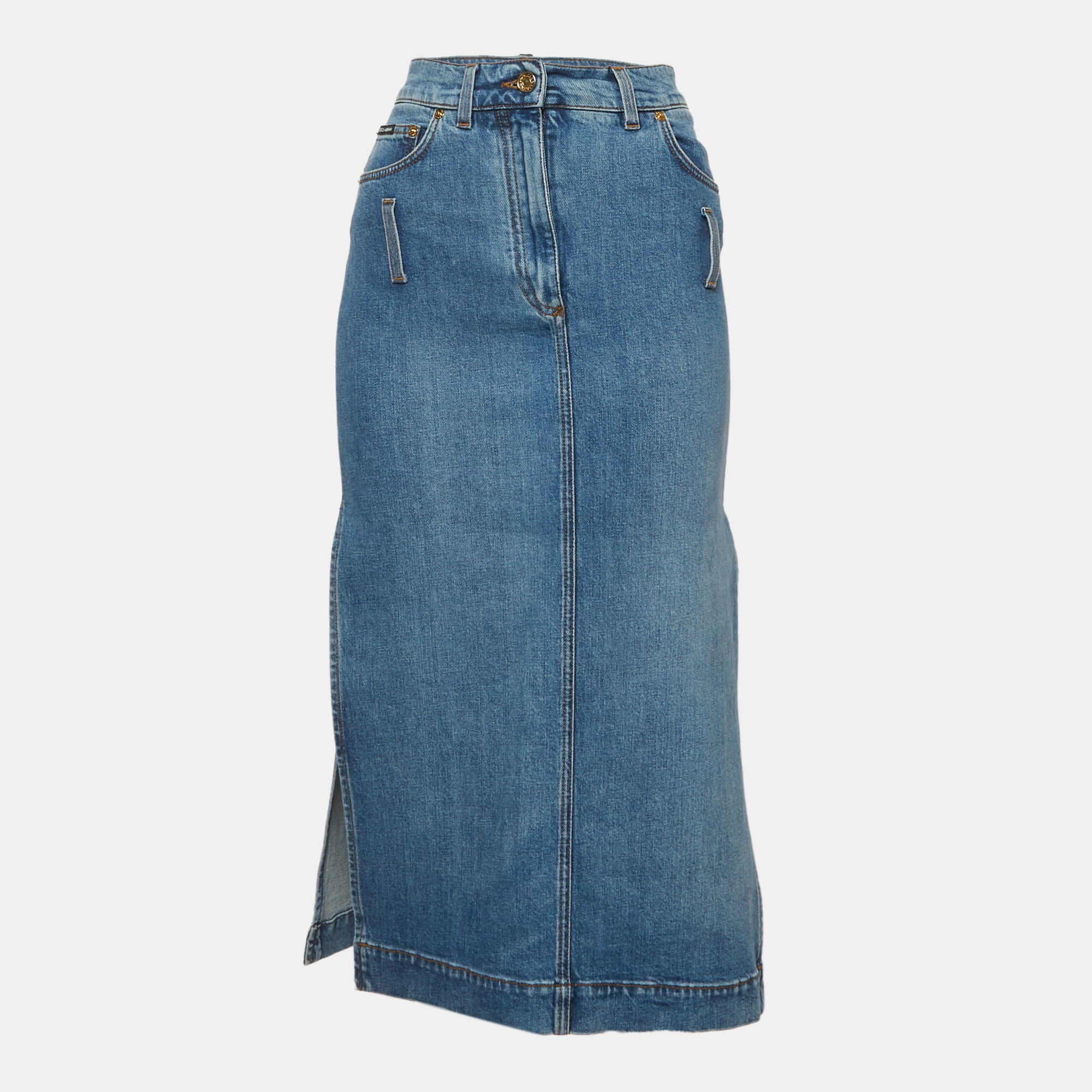 Dolce & Gabbana Blue Denim Side Slit Detail Midi Skirt