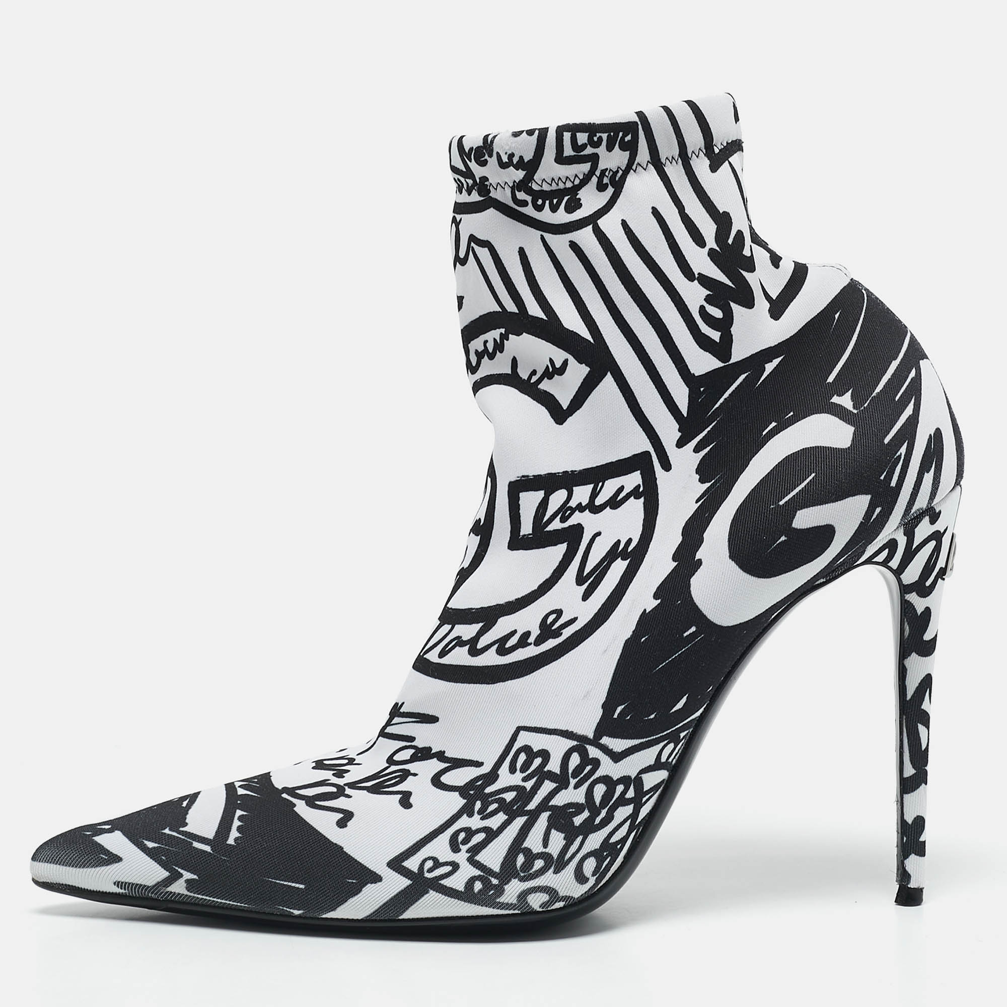Dolce & Gabbana BlackWhite Stretch Knit Graffiti Sock Ankle Length Boots