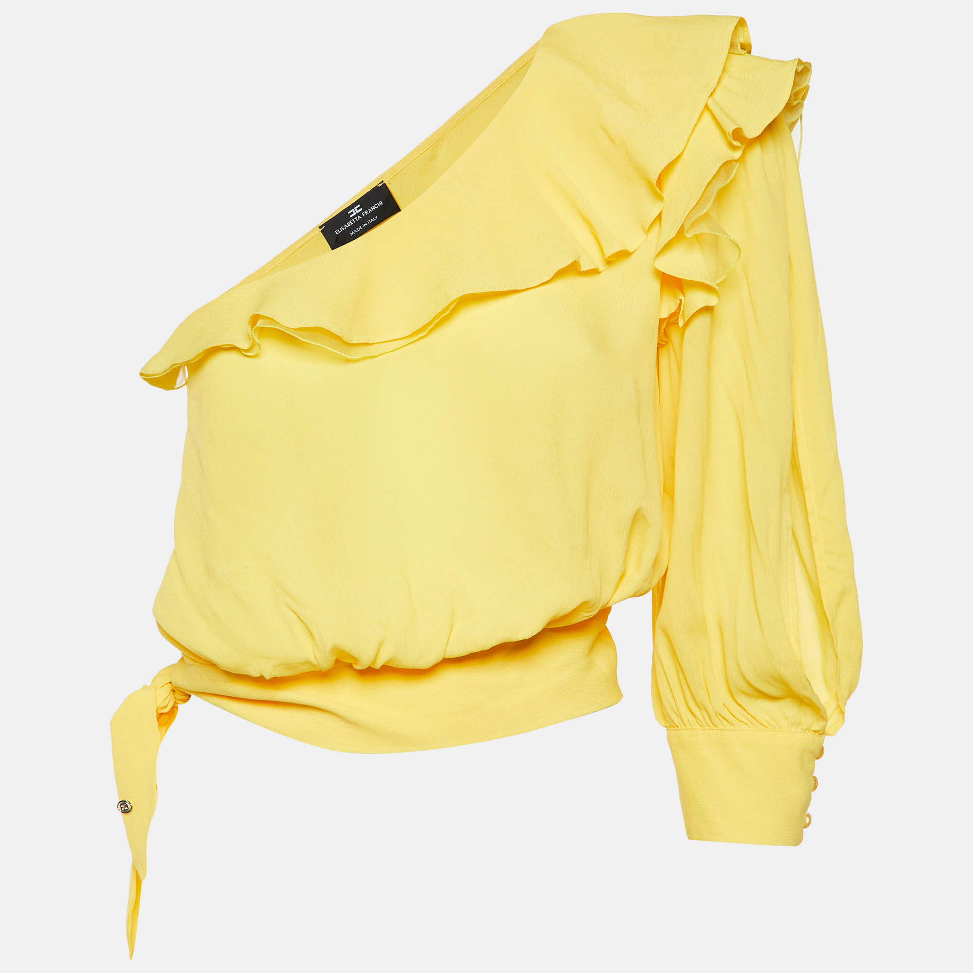 Elisabetta Franchi Yellow Crepe One-Shoulder Ruffled Blouse