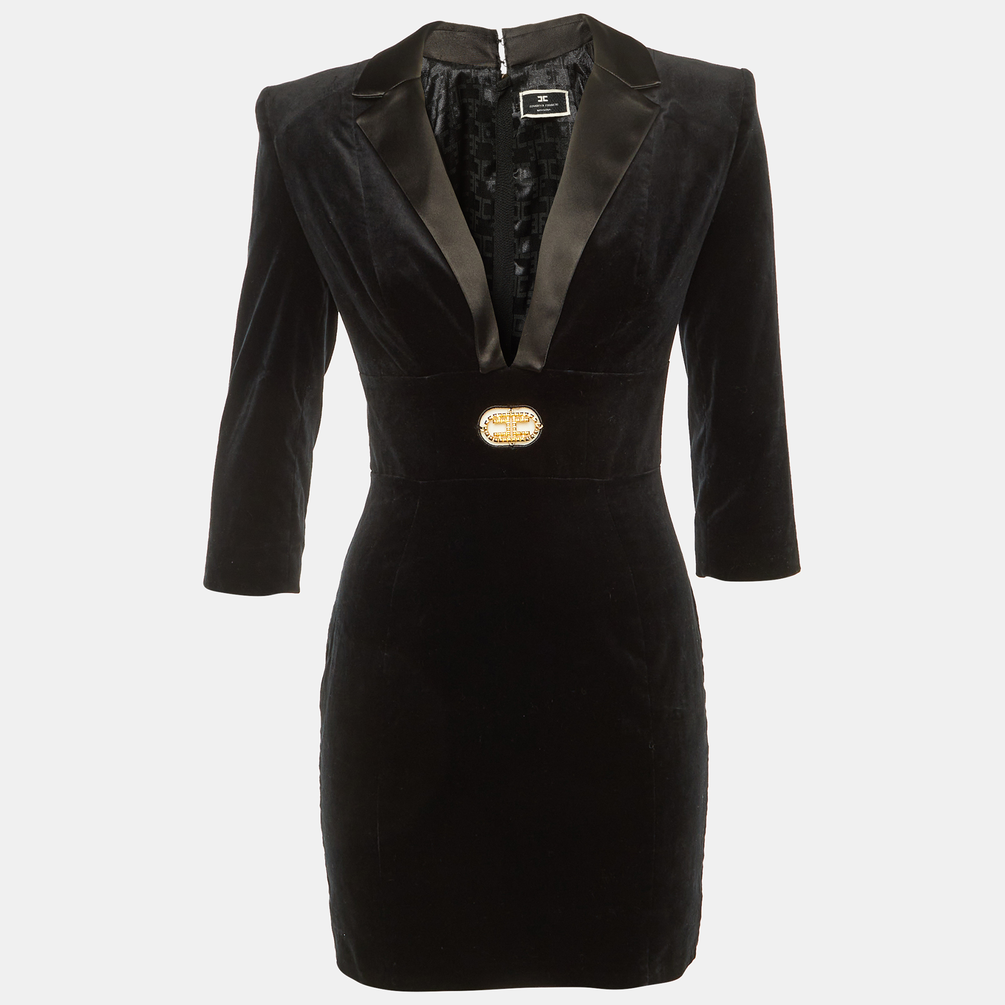 Elisabetta Franchi Black Velvet Logo Detail Mini Dress