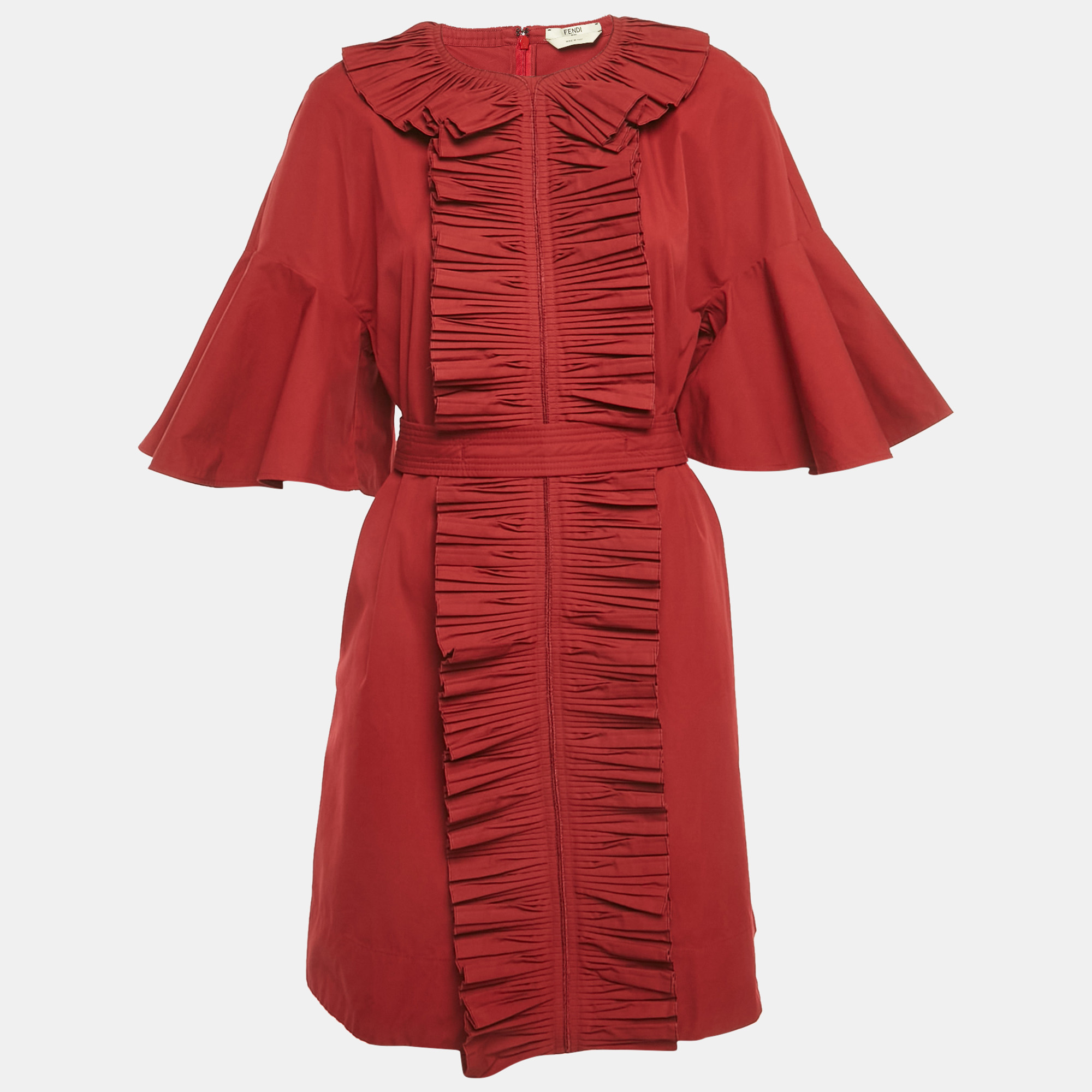 Fendi Red Cotton Frill Detail Mini Dress