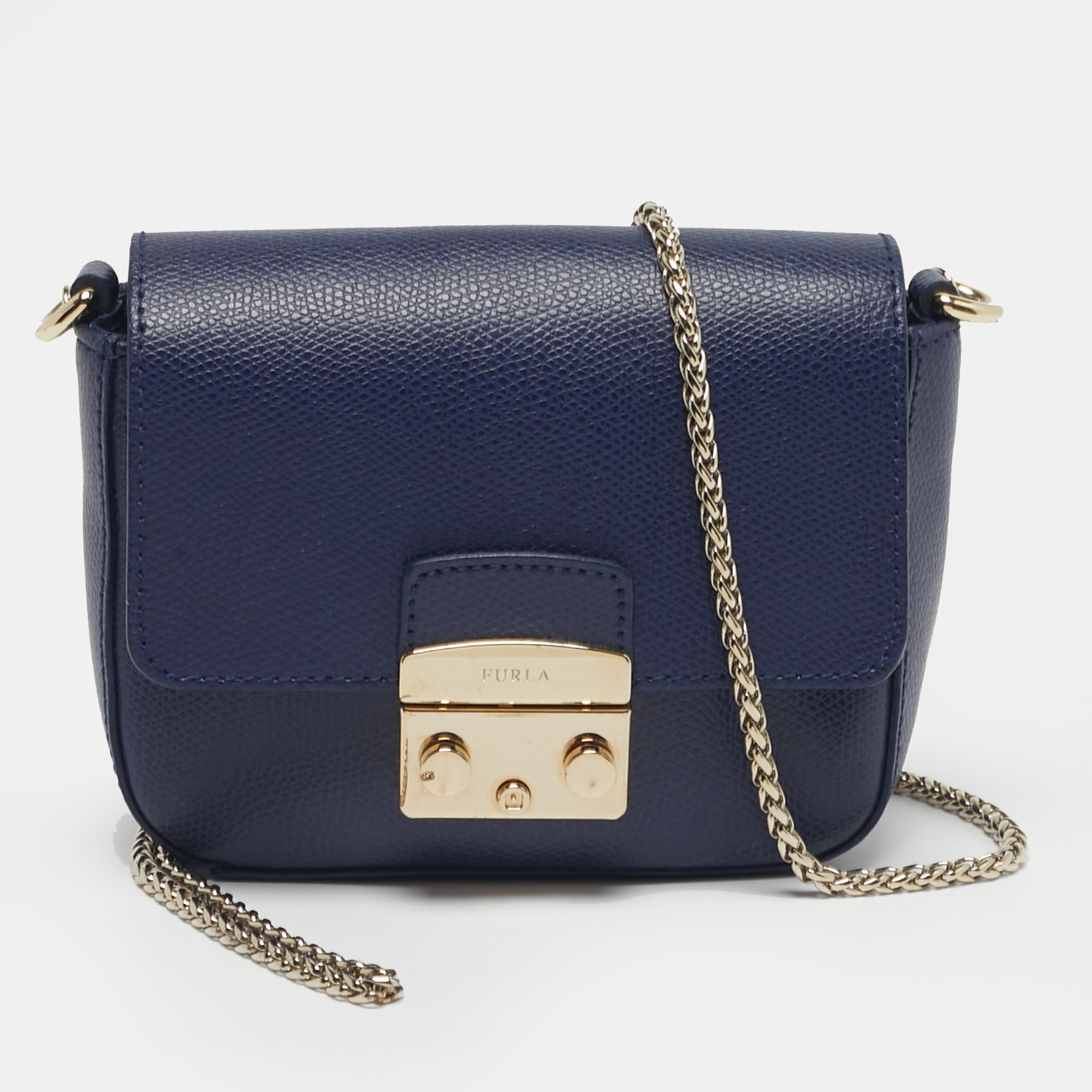 Furla Metropolis Mini Navy Blue Leather Crossbody Bag