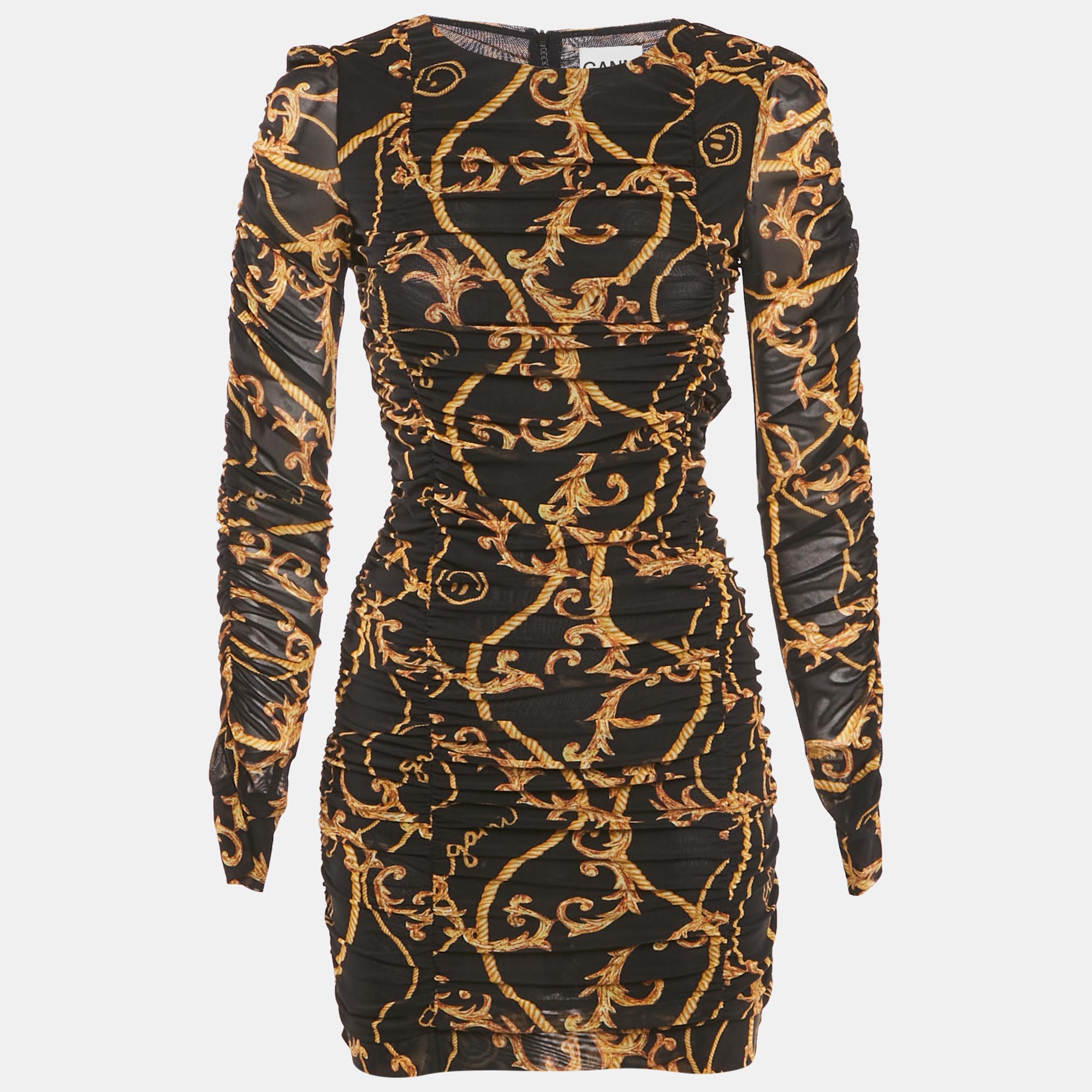 Ganni Black Printed Jersey Ruched Bodycon Mini Dress