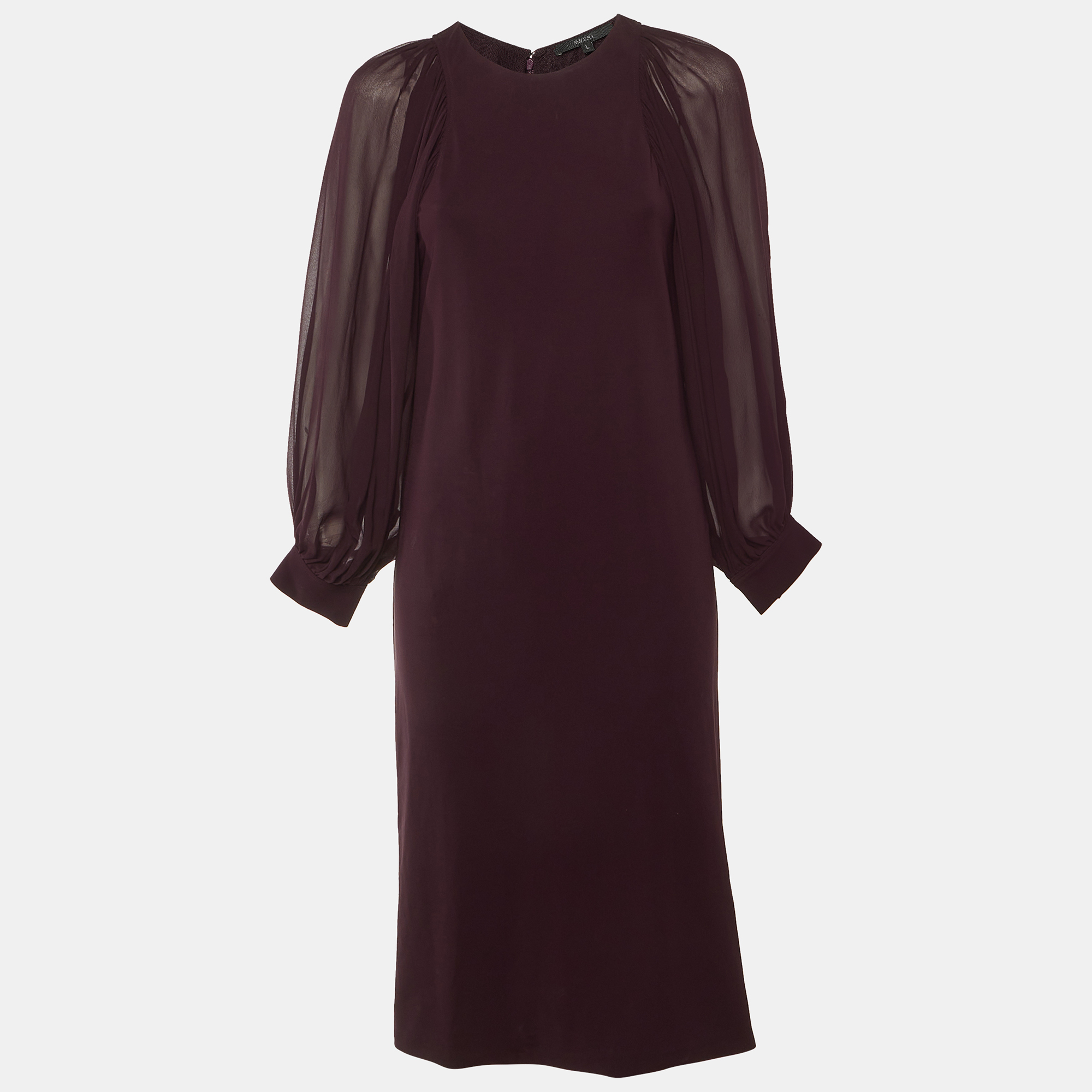 Gucci Burgundy Stretch Knit Bishop Sleeve Midi Dress