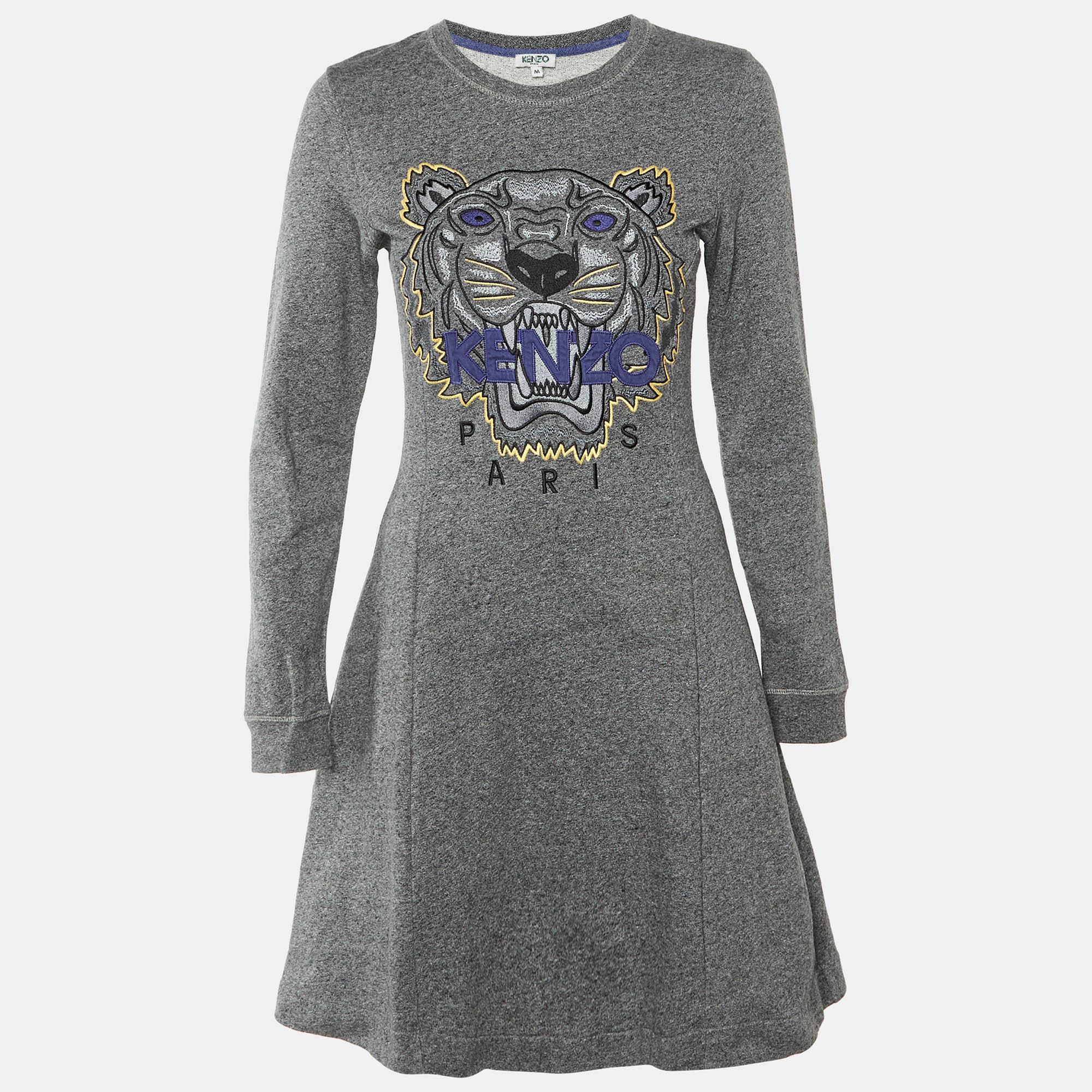 Kenzo Grey Tiger Embroidered Cotton Knit Mini Dress