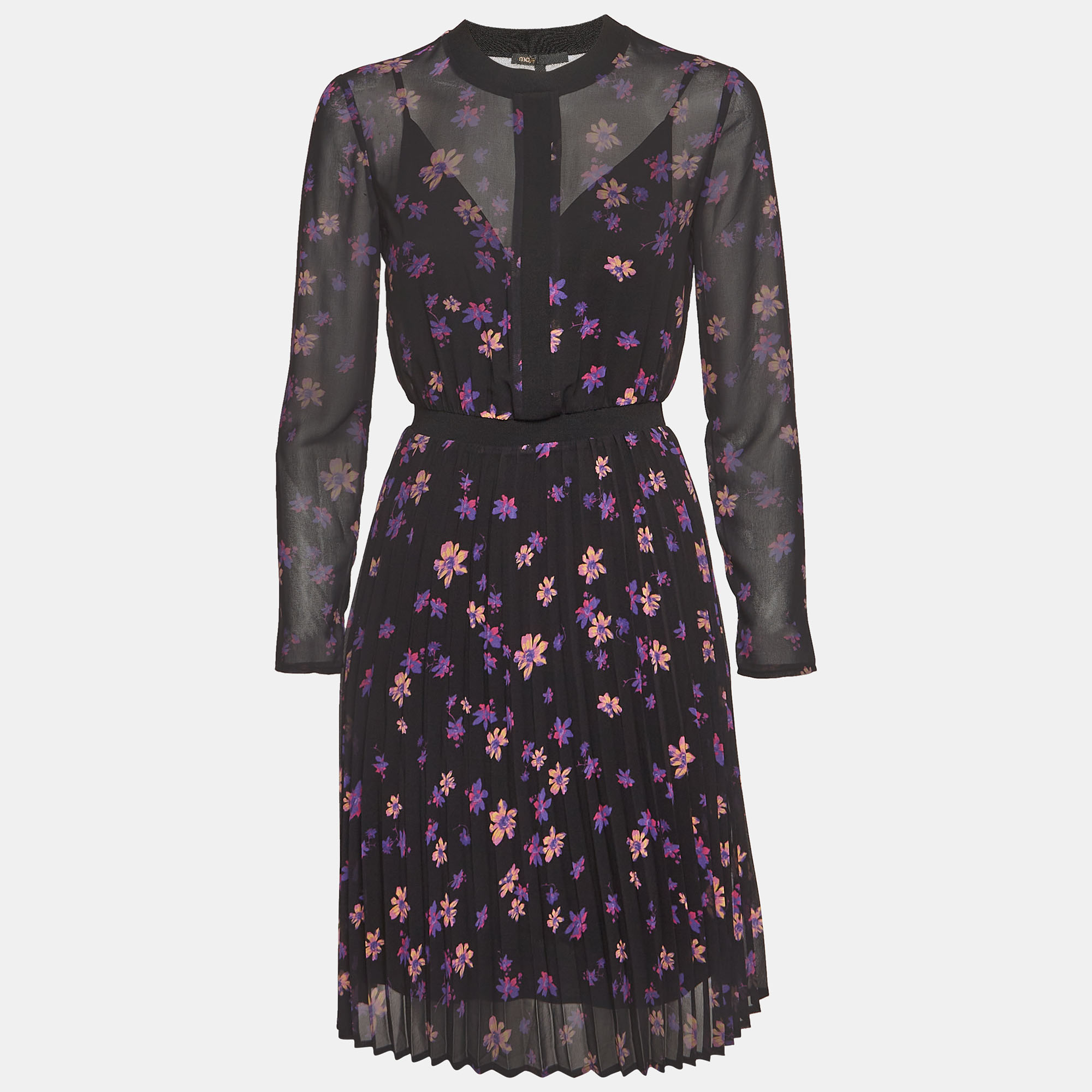 Maje Black Floral Print Chiffon Plisse Midi Dress