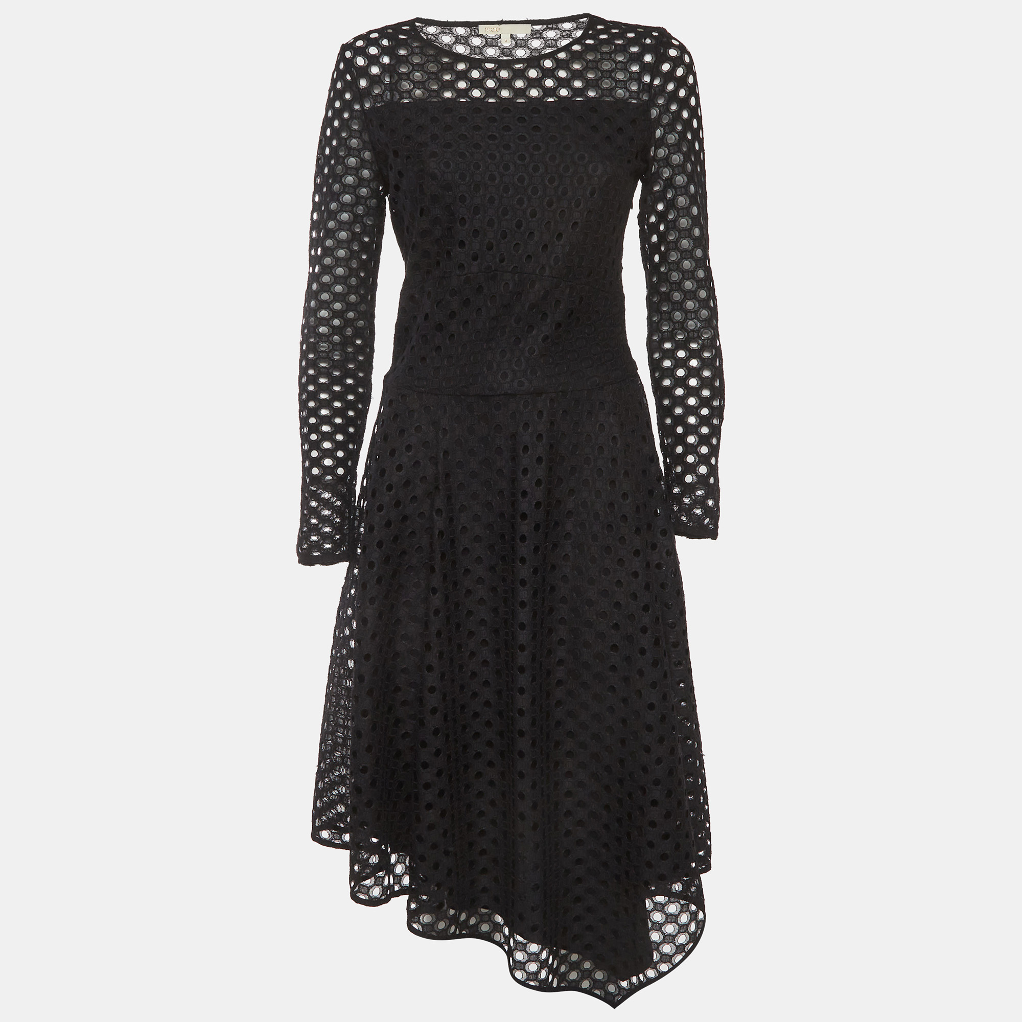 Maje Black Eyelet Lace Fit and Flare Midi Dress