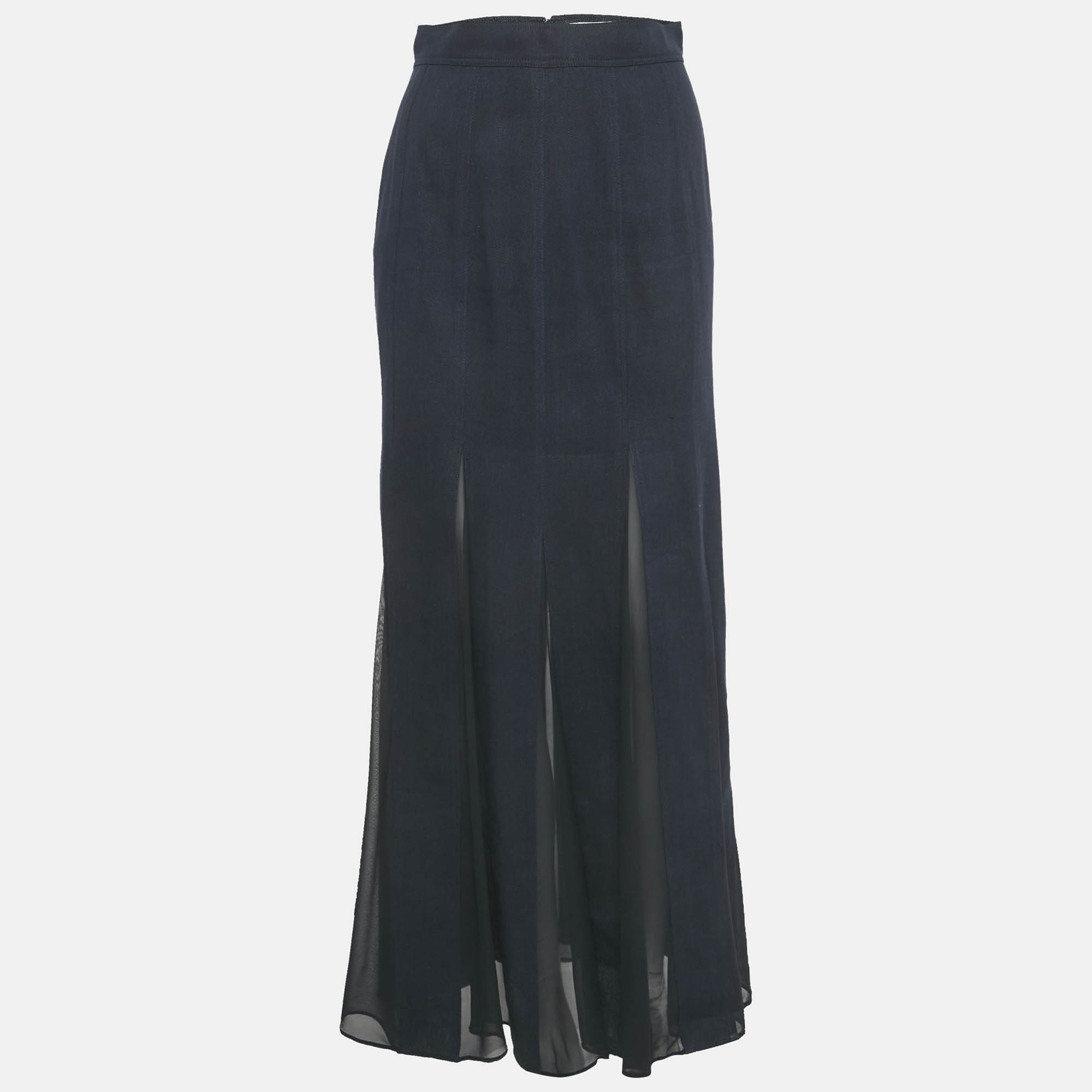 Max Mara Blue Denim & Silk Nicia Pleated Maxi Skirt