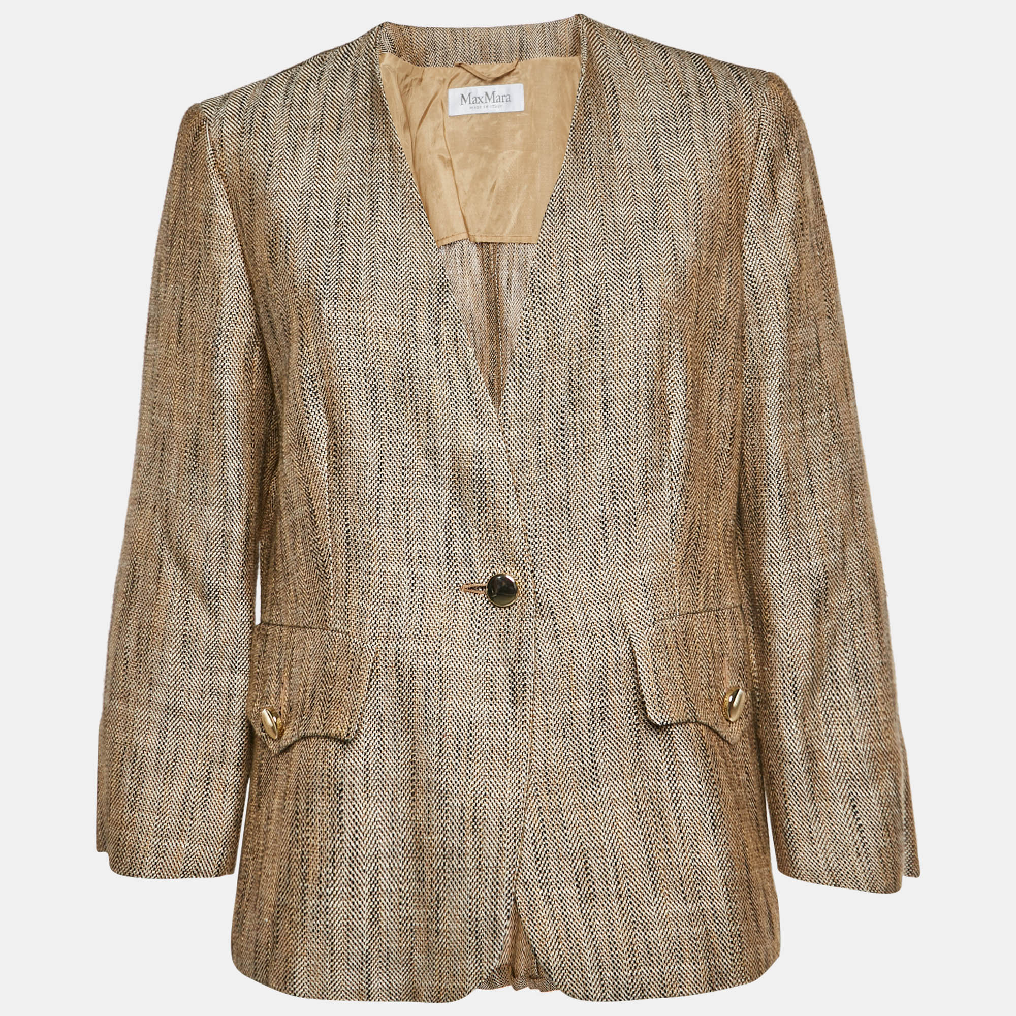 Max Mara Beige Basketweave Linen Blend Single Breasted Blazer