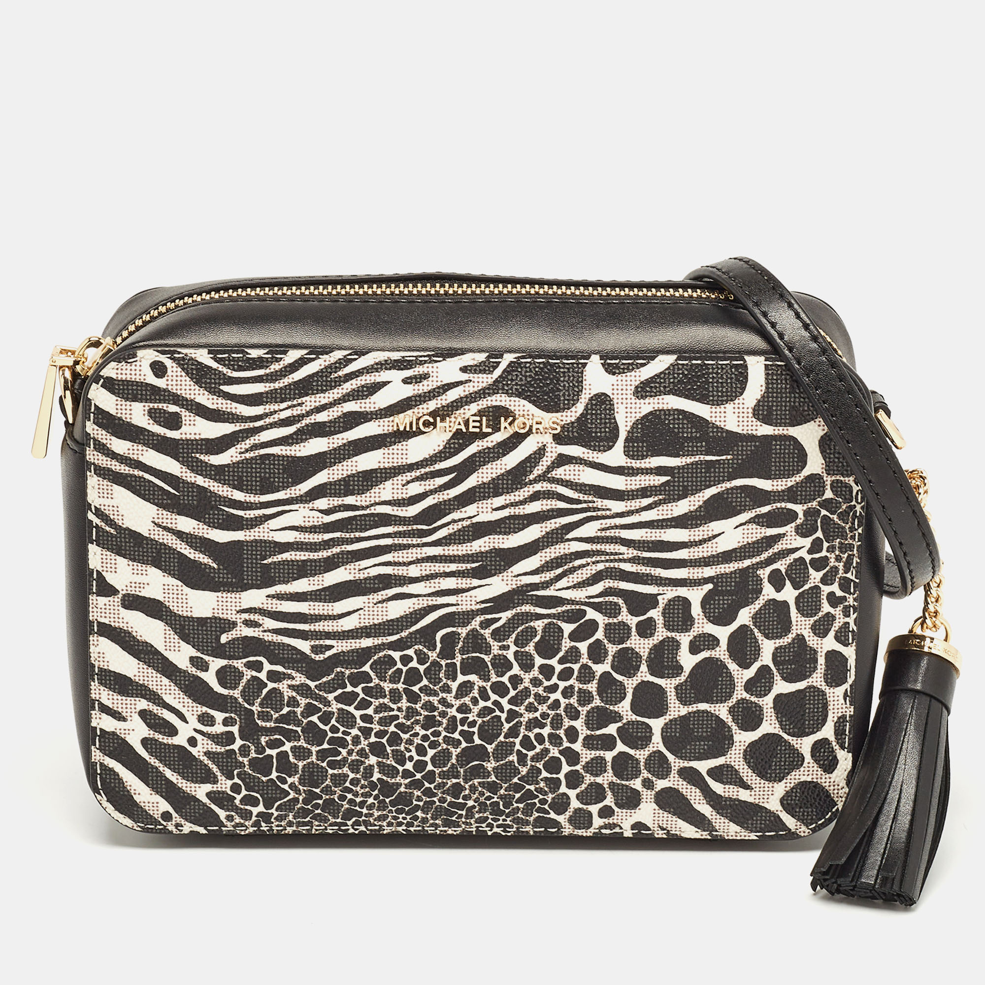 Michael Kors BlackWhite Printed Faux Leather Ginny Camera Crossbody Bag