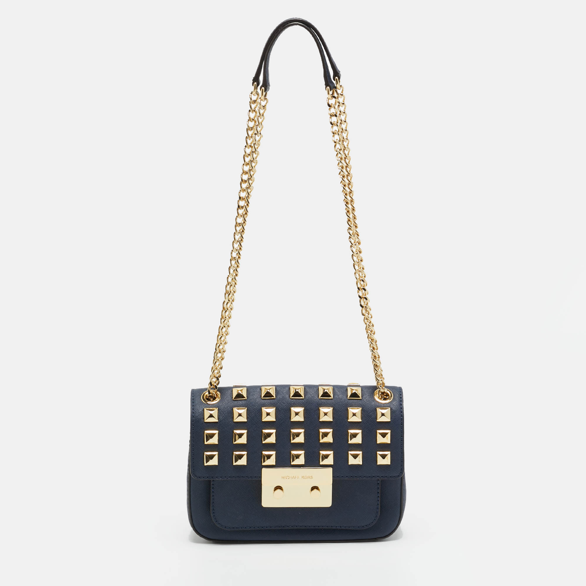 Michael Kors Studded Sloan Navy Blue Leather Shoulder Bag