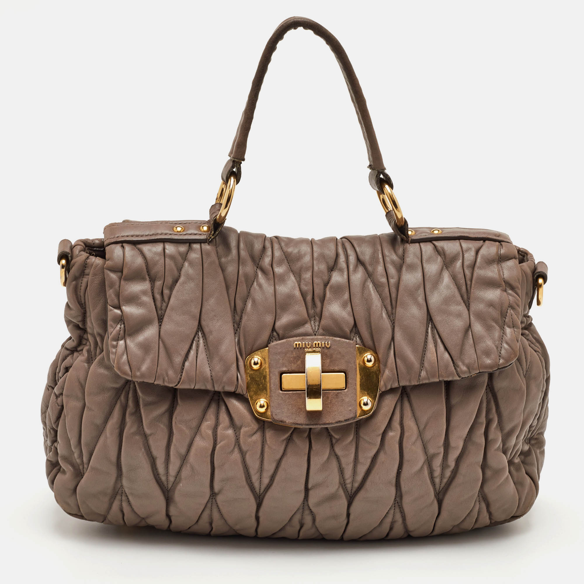 Miu Miu Taupe Brown Matelasse Leather Top Handle Bag