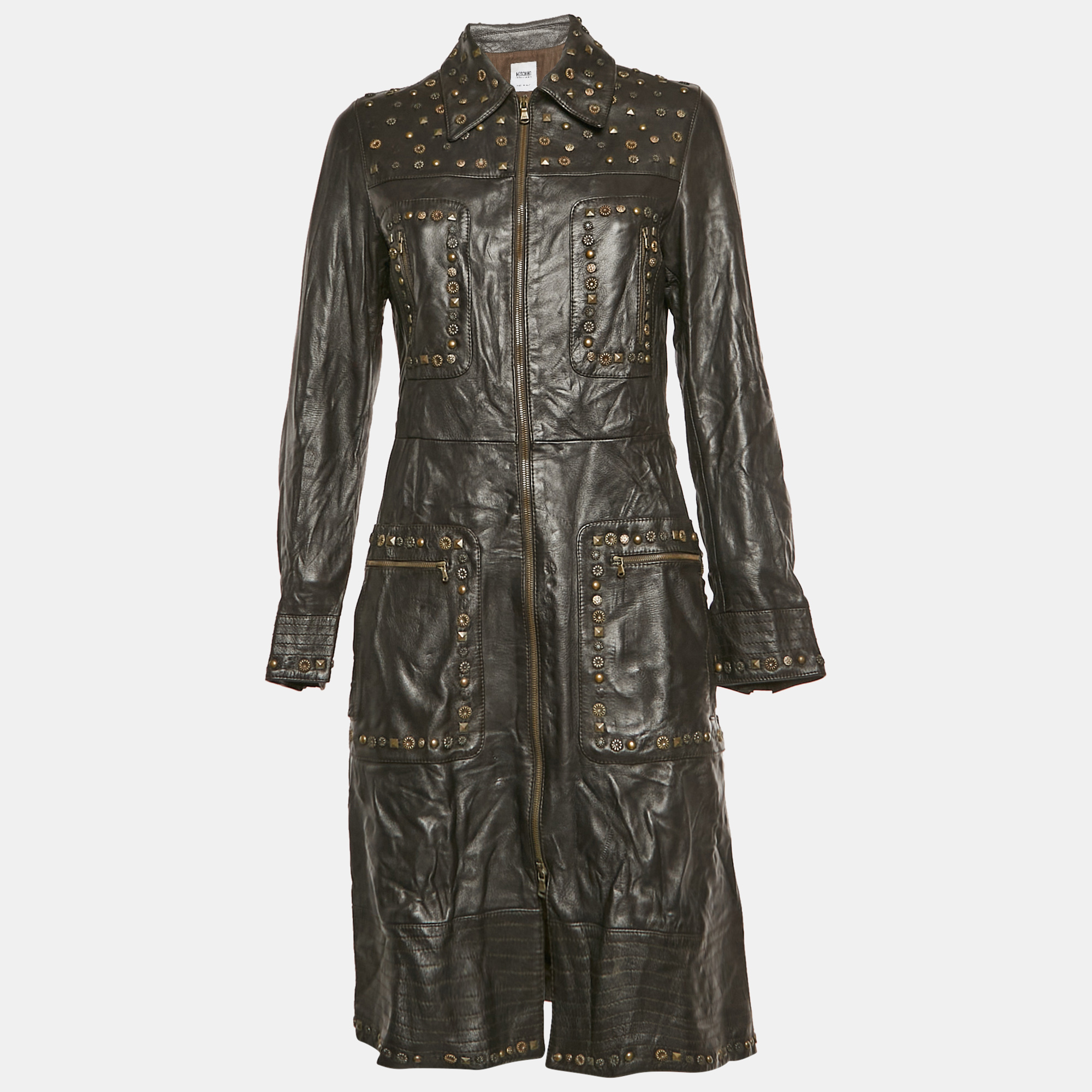 Moschino Cheap and Chic Vintage Brown Leather Studded Long Coat