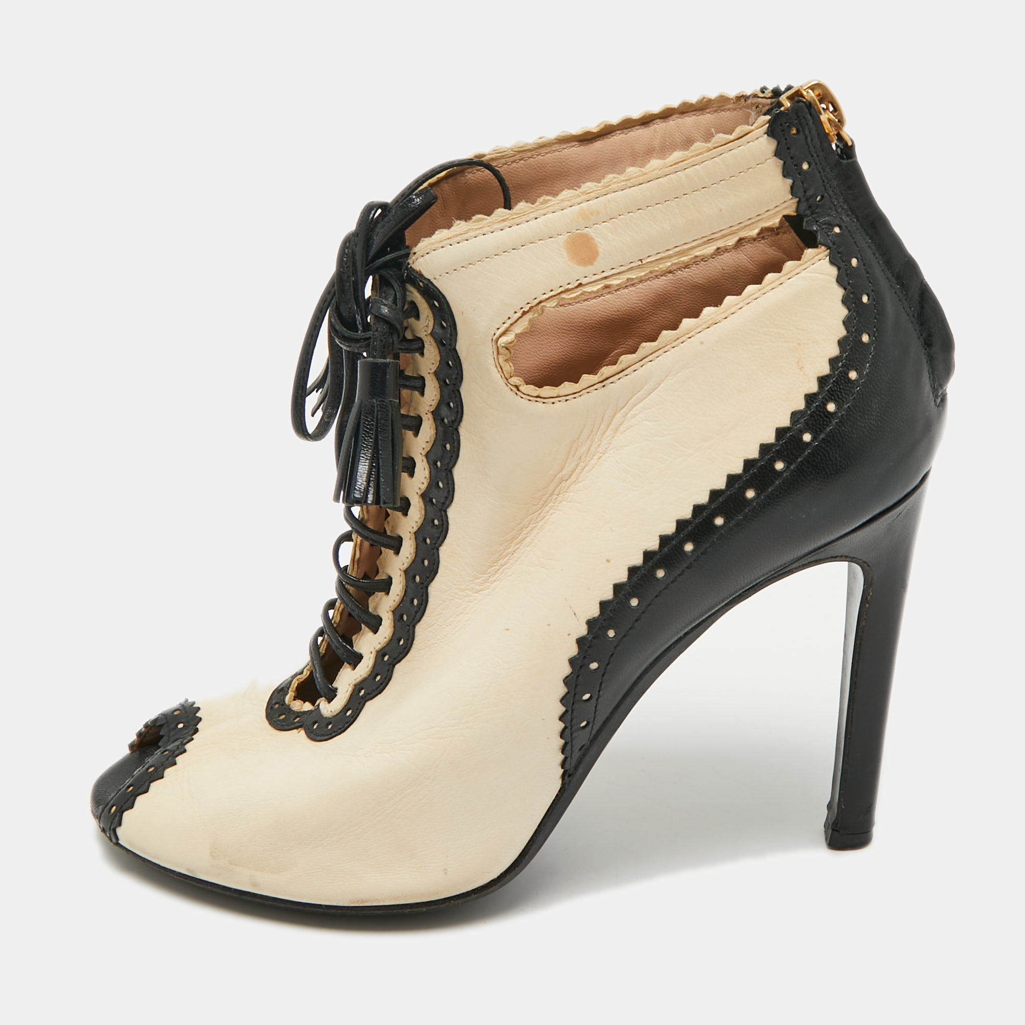 Moschino BeigeBlack Leather Cutot Peep Toe Ankle Boots
