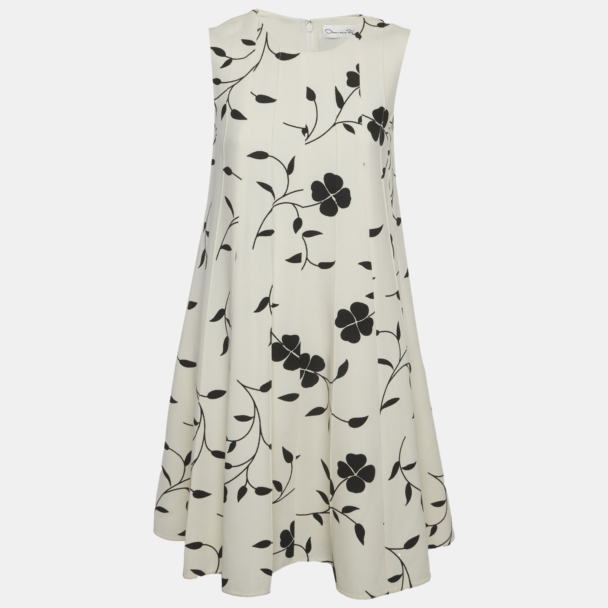 Oscar de la Renta White Floral Printed Wool Sleeveless Shift Dress