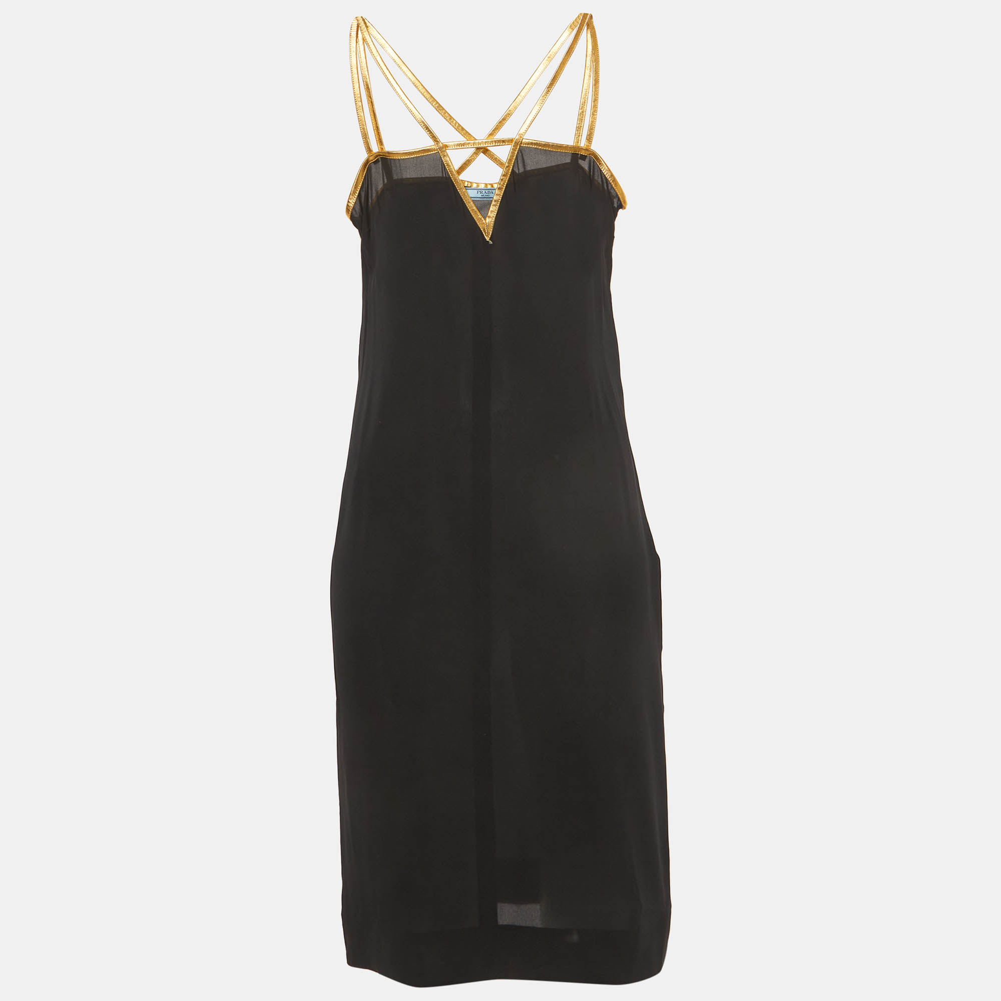 Prada Black Leather Trim Silk Mini Dress